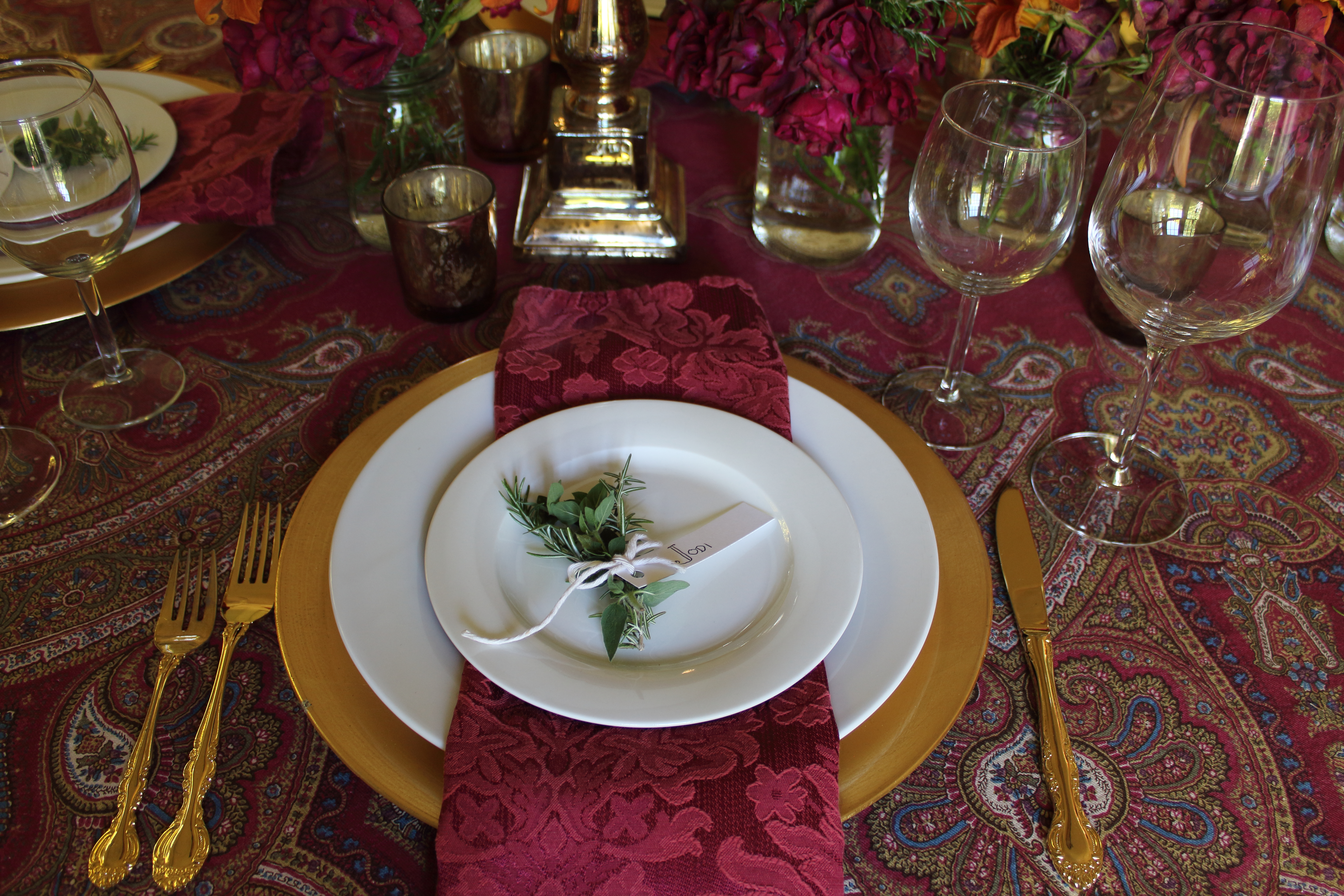 Red and gold table setting