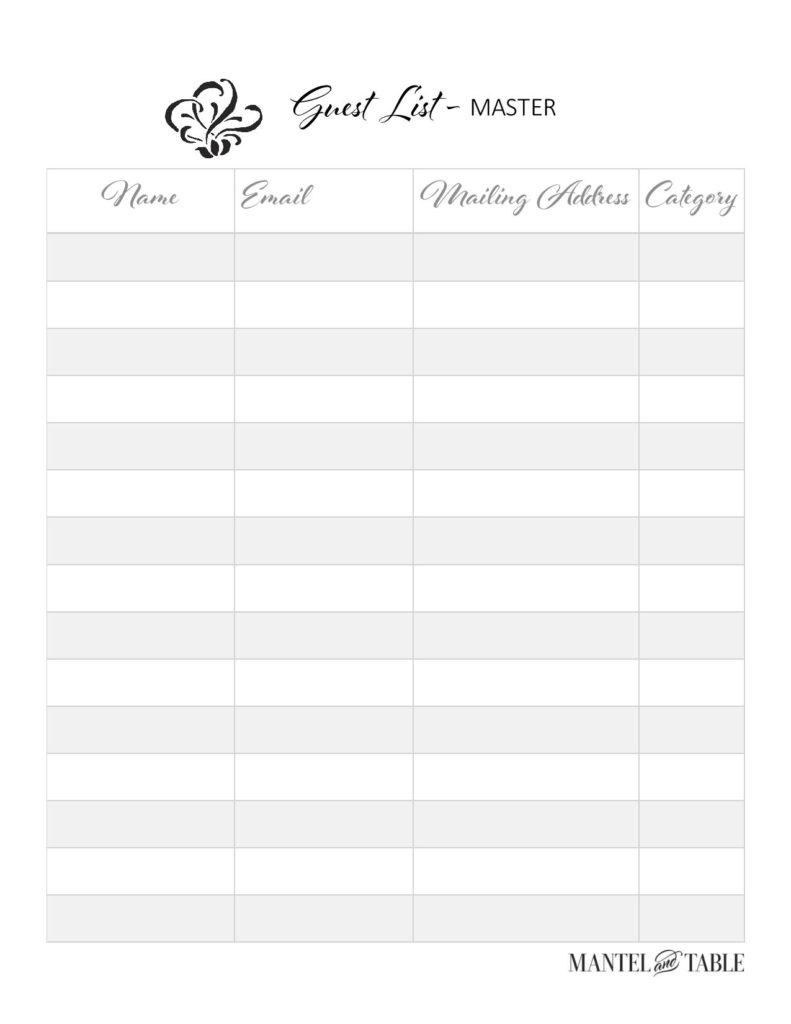 White & silver Guest List grid with script headings and Mantel and Table flower icon in top left. Logo at the bottom right.