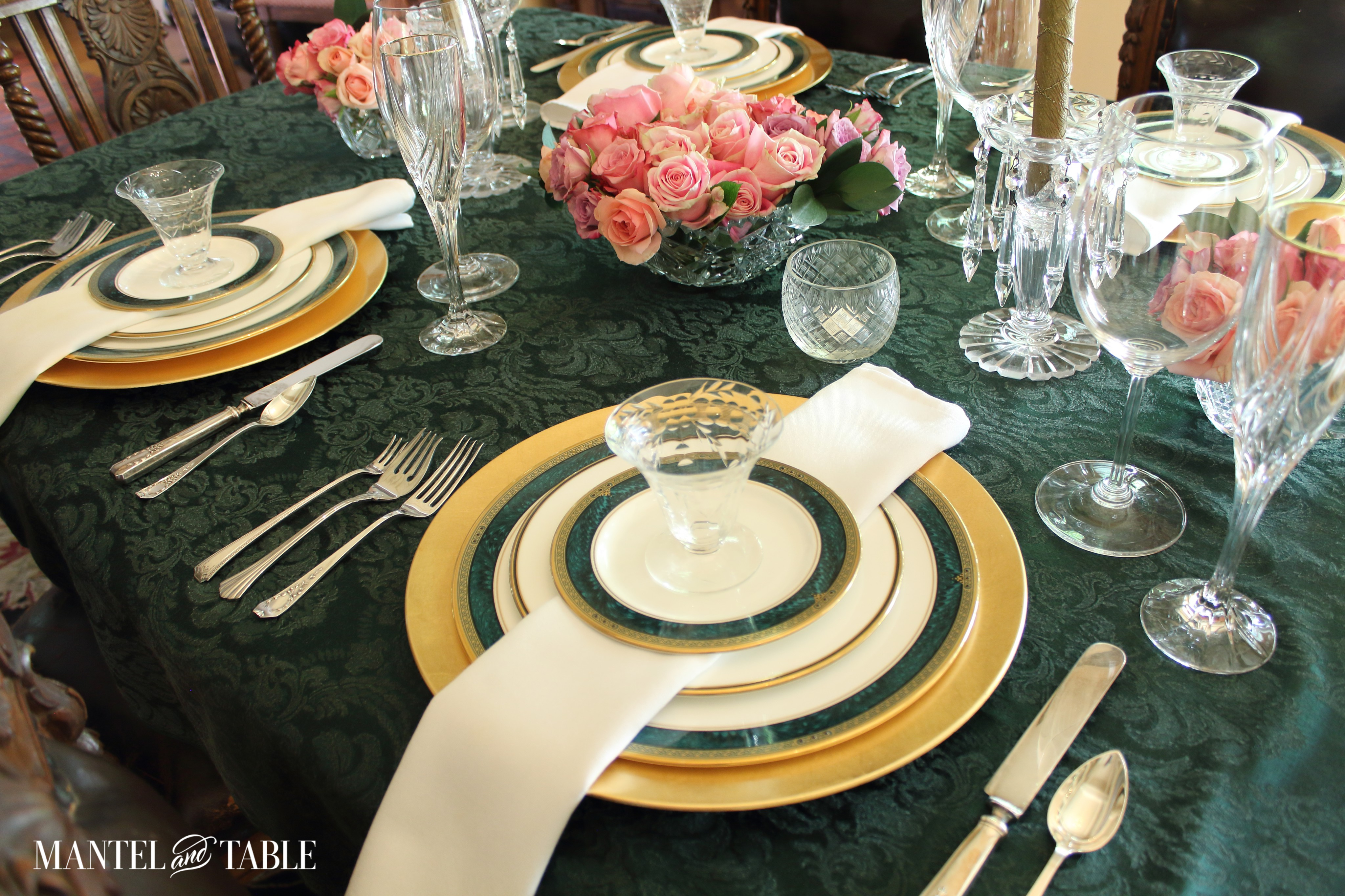 Green and gold tablescape with pink roses