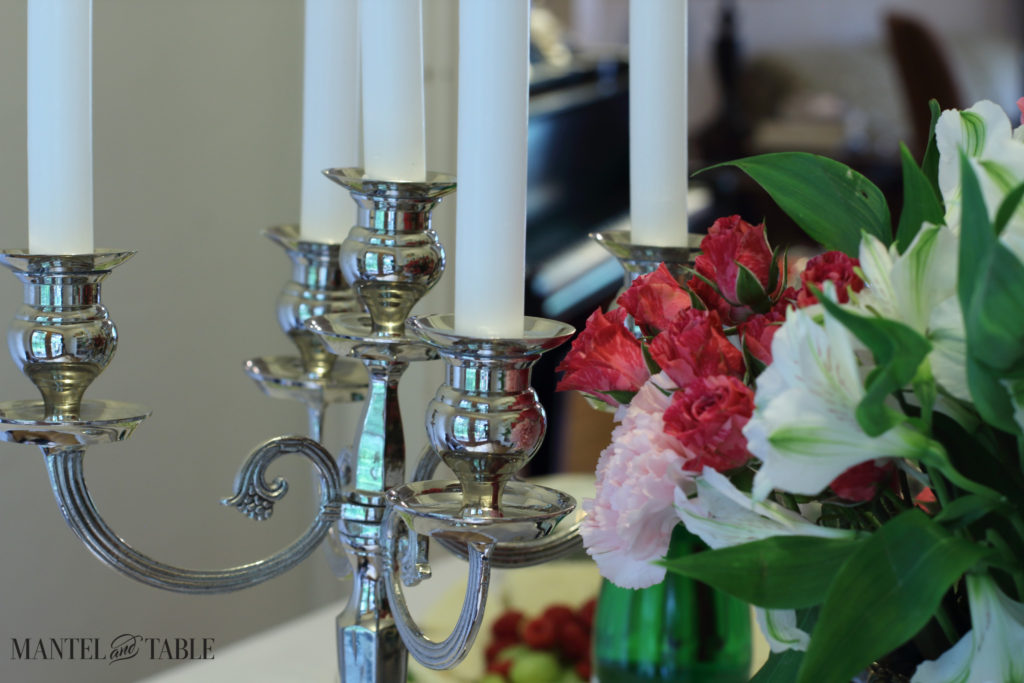 Pink & white flowers, silver candelabra