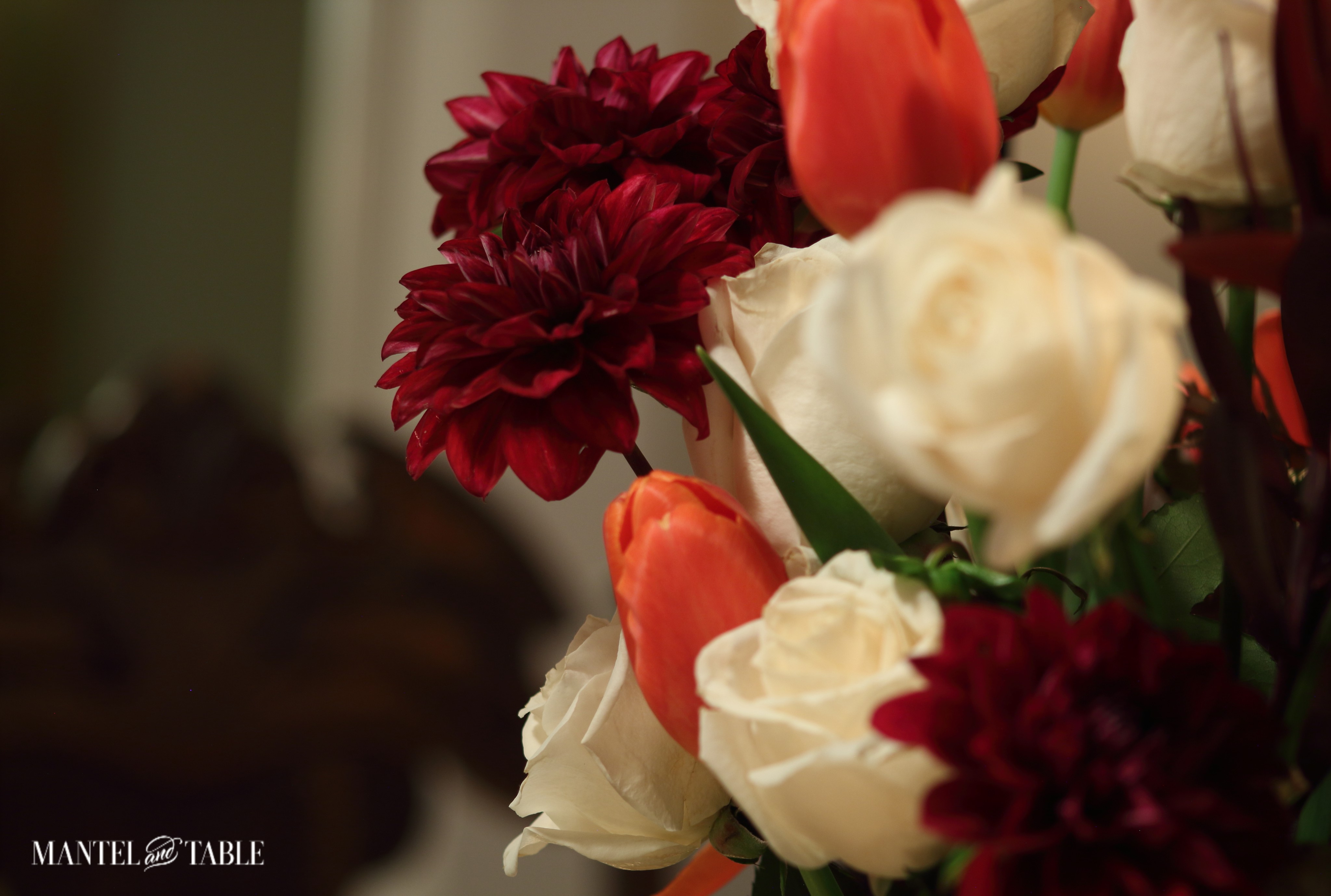 Dark dahlias, orange tulips, & white roses