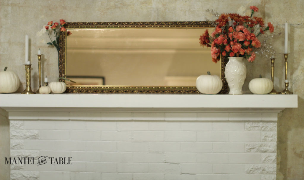 white mantel, peach flowers & pumpkins