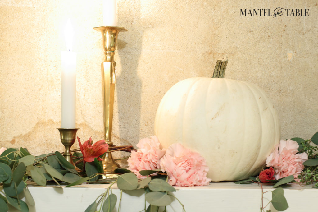 White pumpkins & pink flowers on the right, Brass Candlesticks Left