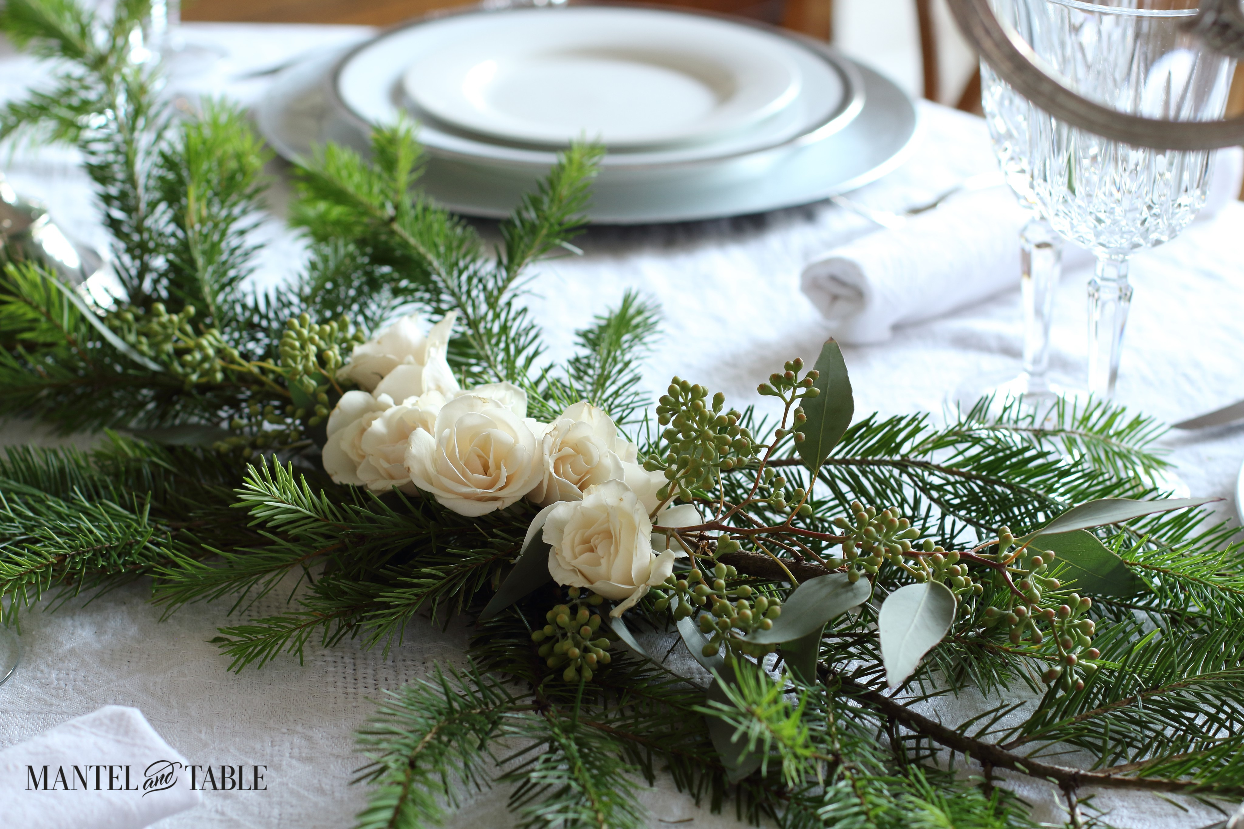 White Rose & Evergreen Centerpiece