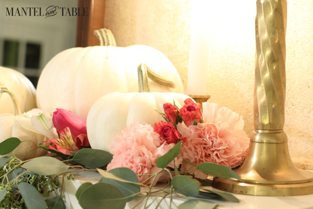 White Pumpkins Pink Flowers, brass candlestick