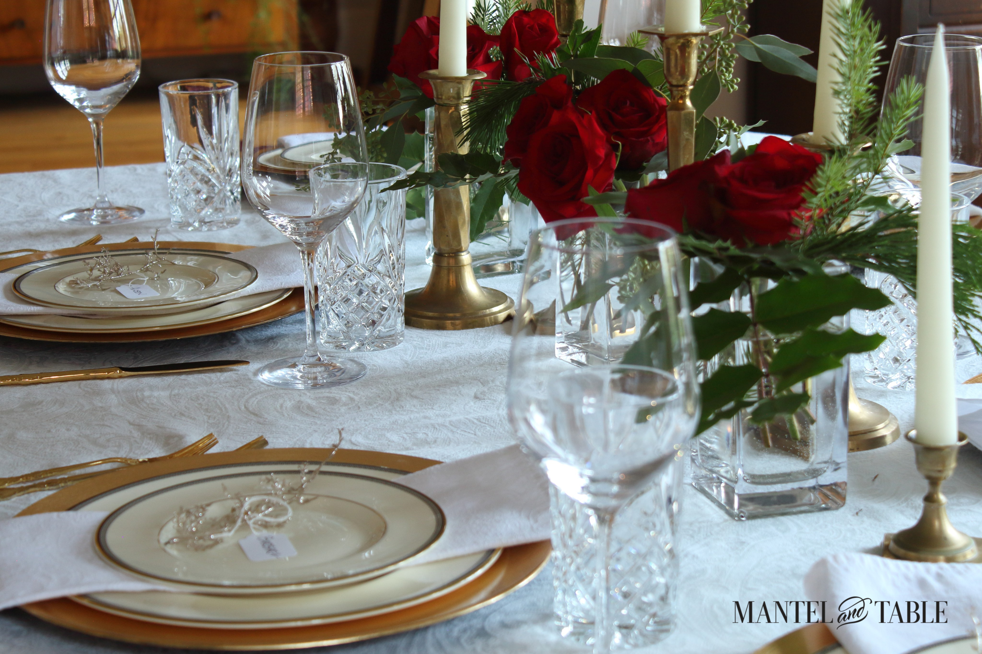 White & Gold Tablescape with red roses & evergreens