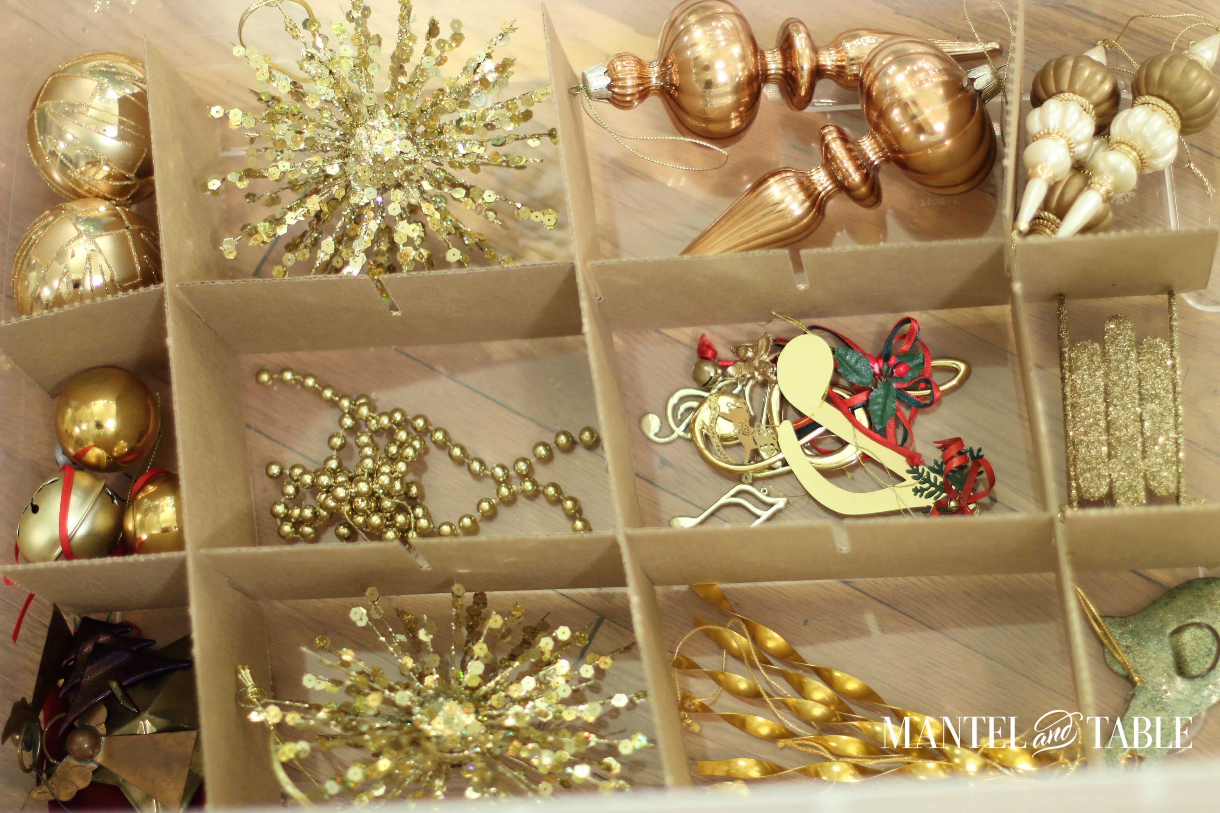 Gold holiday ornaments in dividers - last minute buys