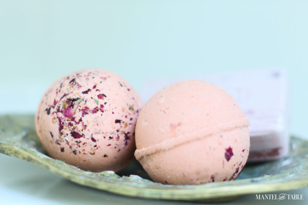 Spa Day ~ Pink rosewater bath bombs in gold dish