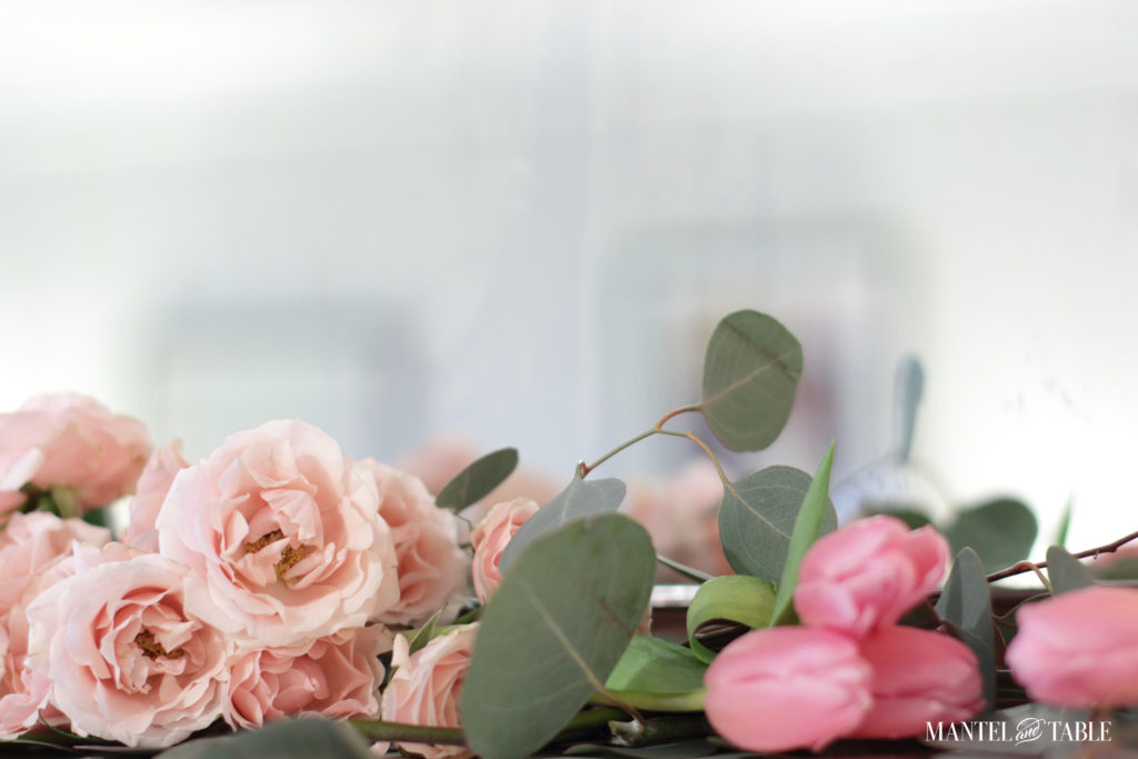 Pink roses & tulips, dollar eucalyptus