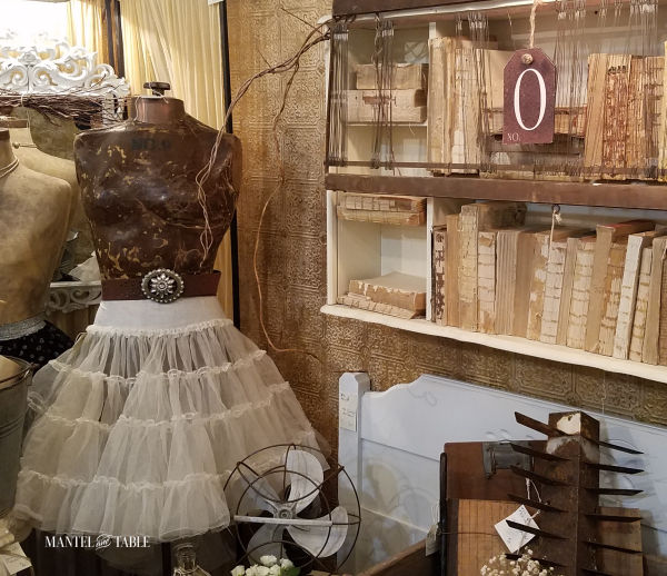Neutral & brown vintage dress makers form with ballet skirt, books without covers in antique store