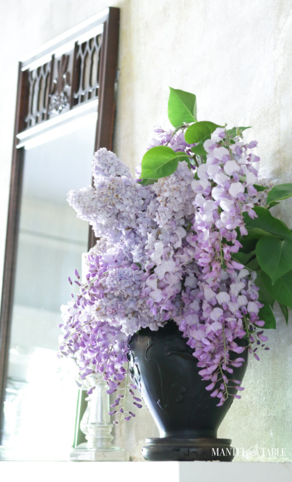 Closeup of black amethyst vase of lavender lilacs & wisteria on white mantel with brown mirror