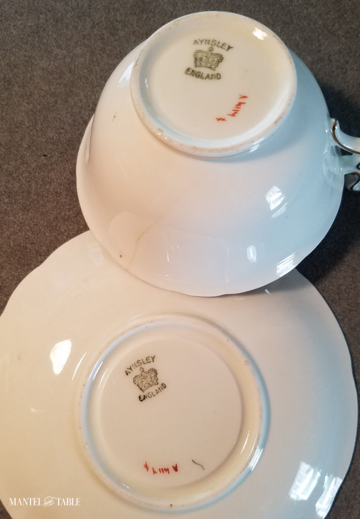Aynsley teacup & saucer - showing markings on the back or each.