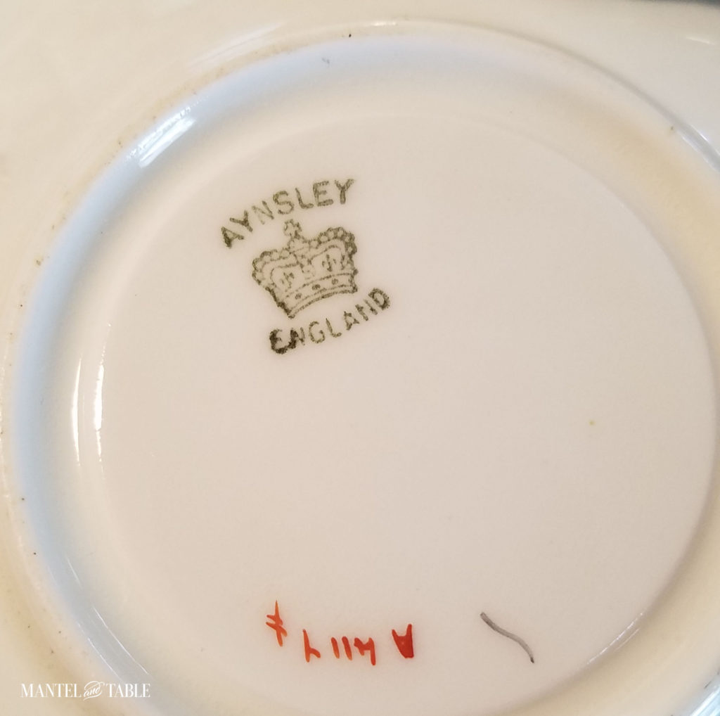 Aynsley saucer - close up of markings on back.