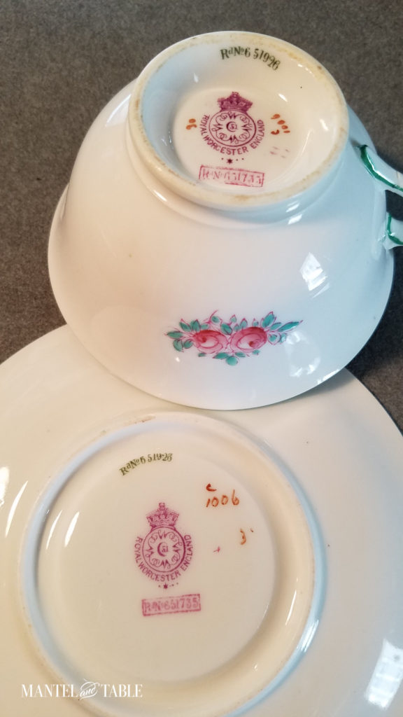 Underside of Royal Worcester teacup and saucer with markings