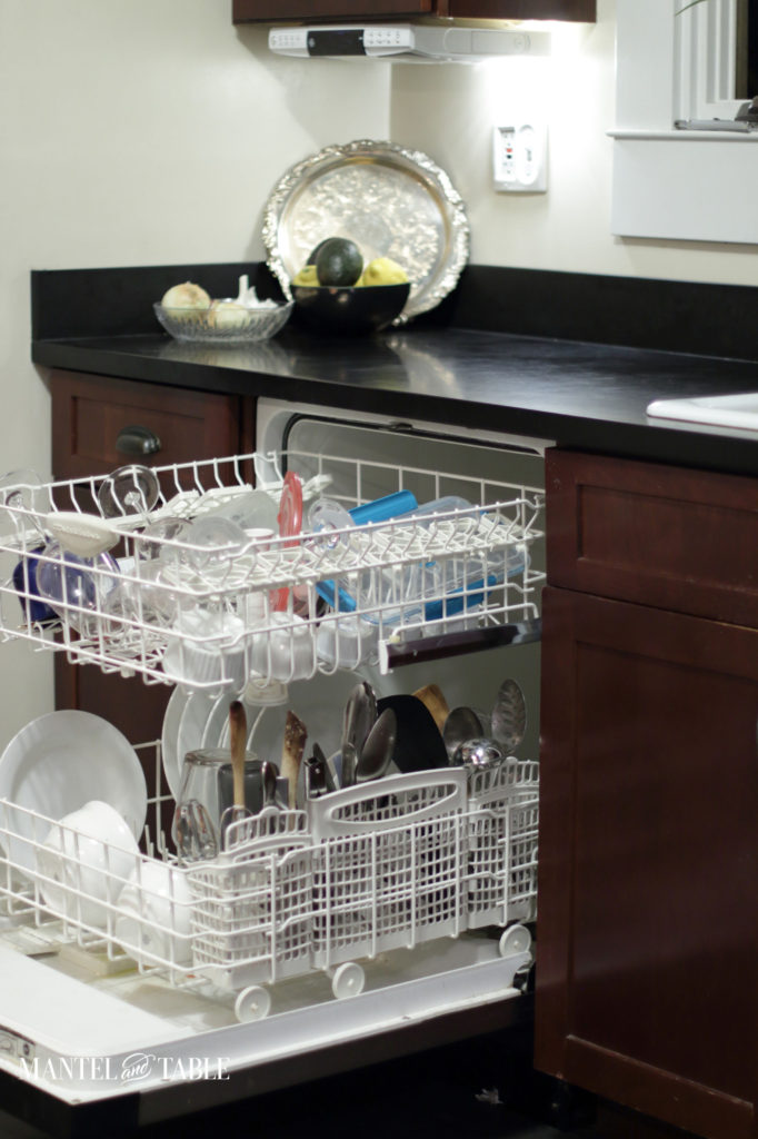 Full dishwasher racks, and clean counter