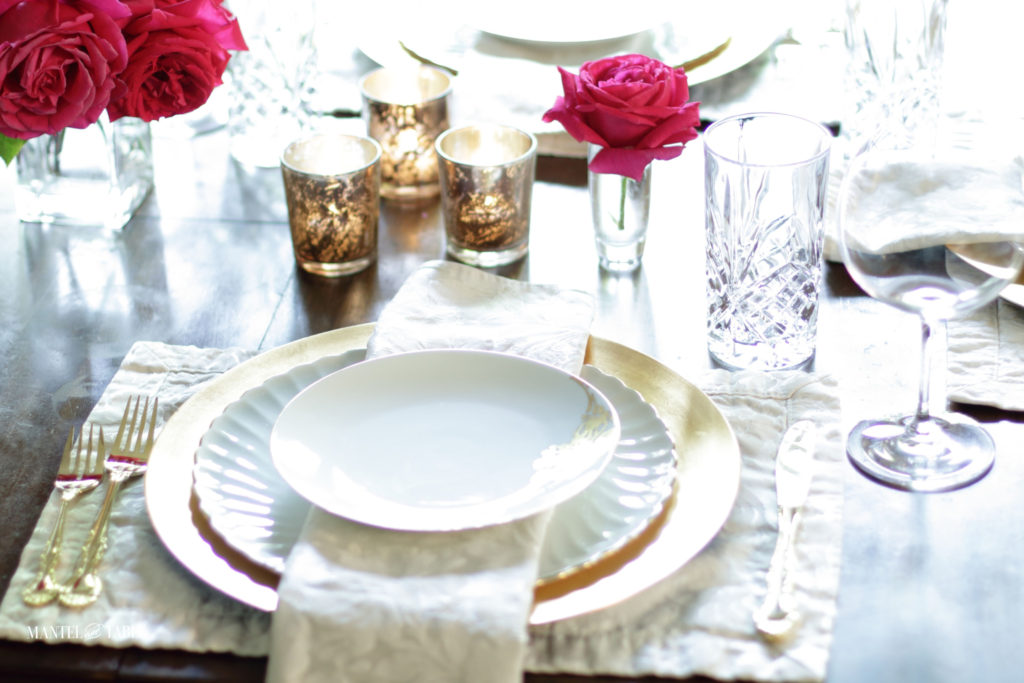 Place setting on blush damask placemat