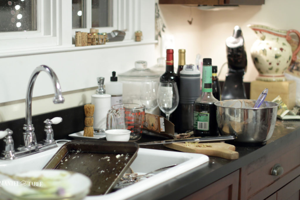 Messy kitchen counter after a dinner party