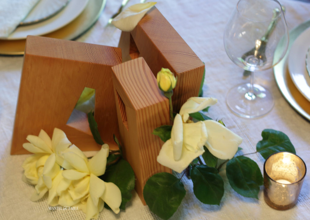Work of art wooden blocks with yellow roses back view