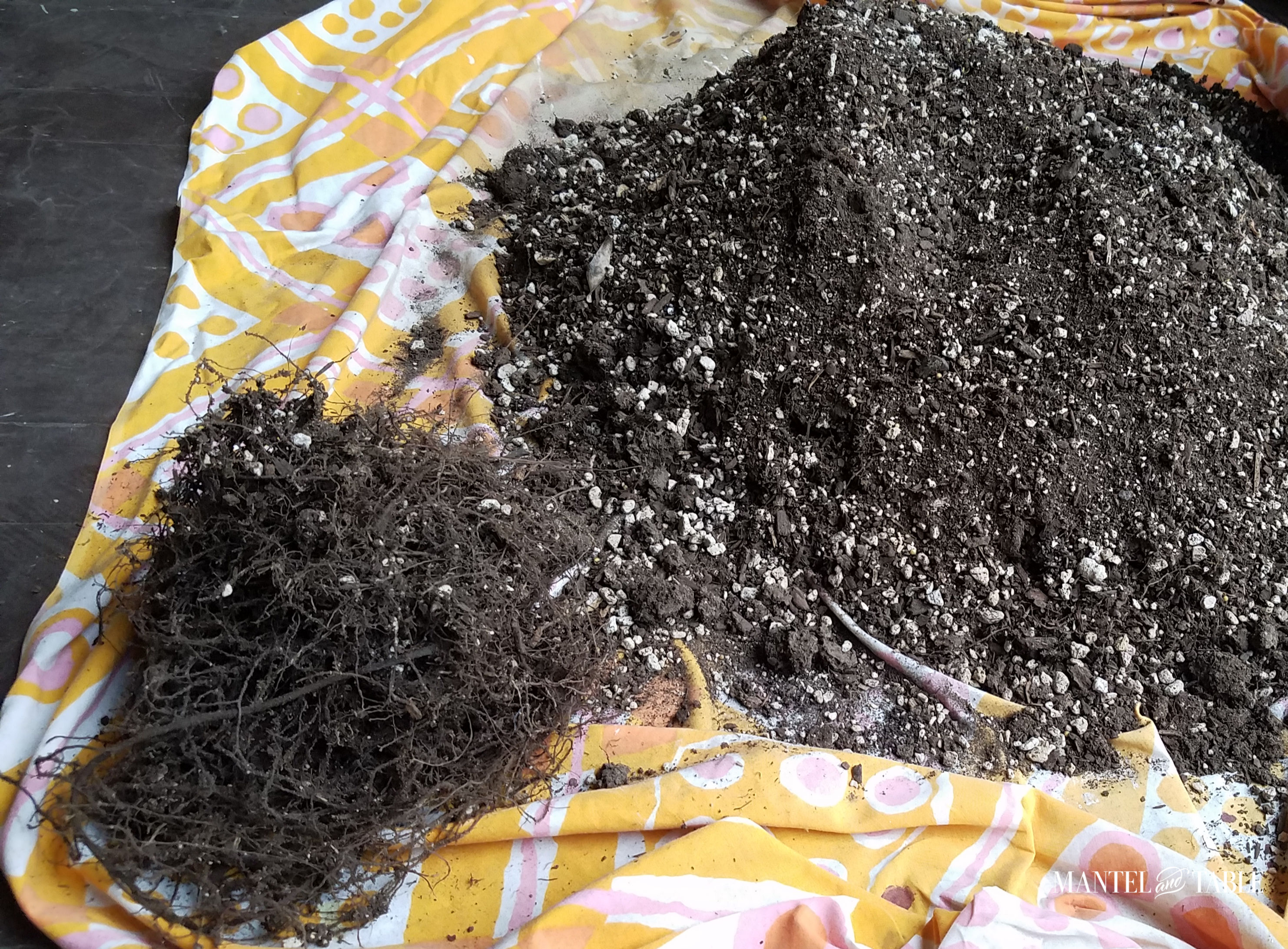 Pile of roots separated from soil pile