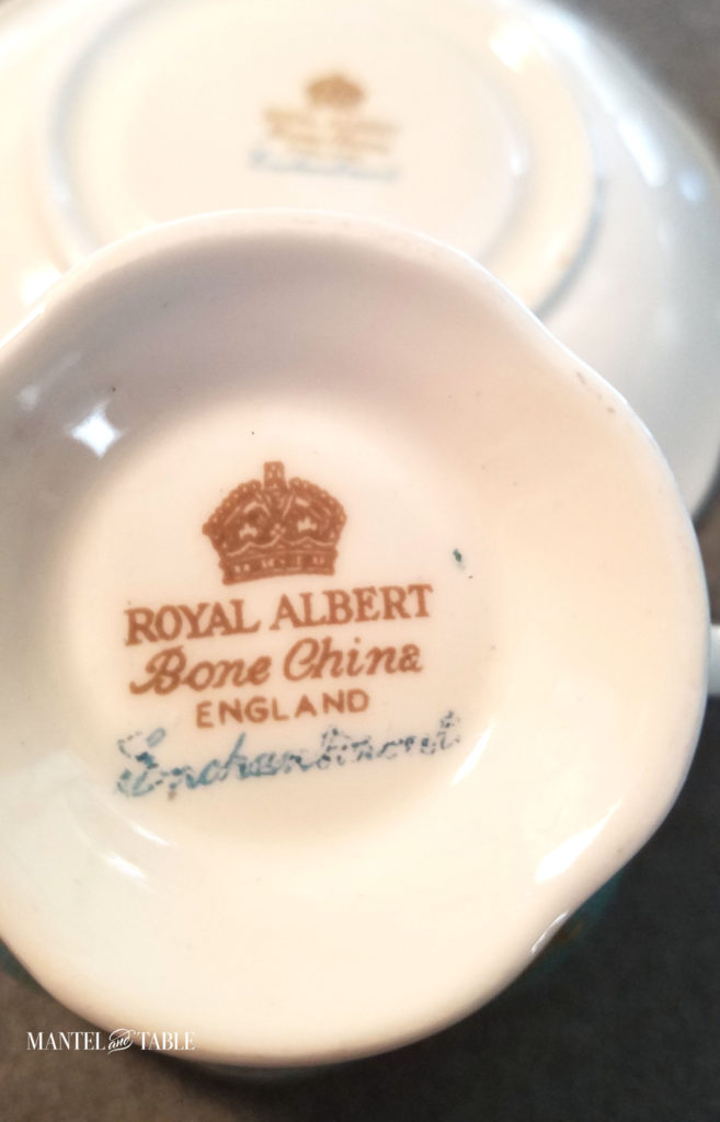 Underside of cup - "Royal Albert Bone China England Enchantment" marking below a crown.