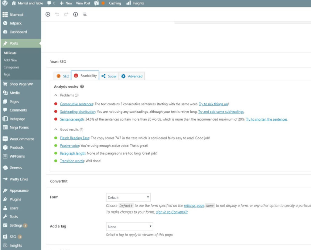 Screen shot of Yoast green lights, except LOTS of red lights