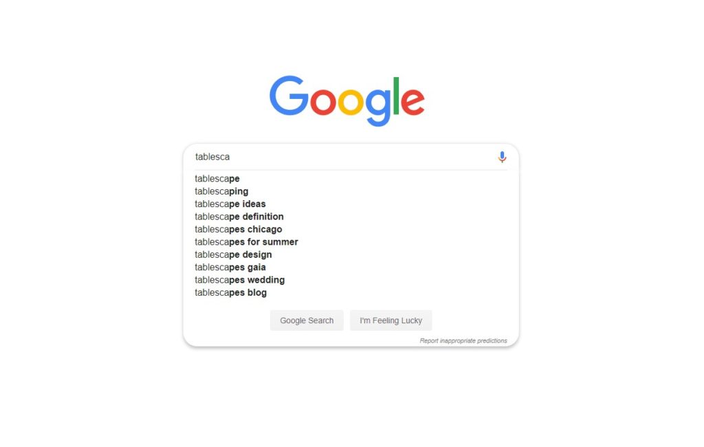 Google search bar with tablescape suggestions