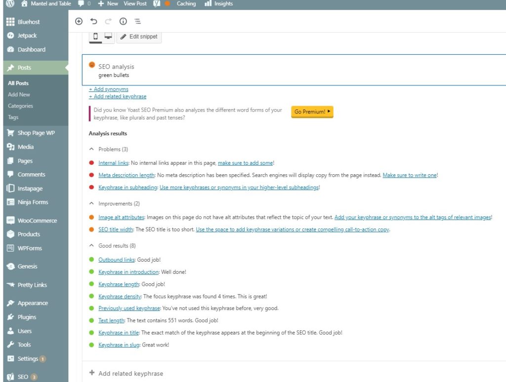 Screen shot of Yoast green lights, not all green!