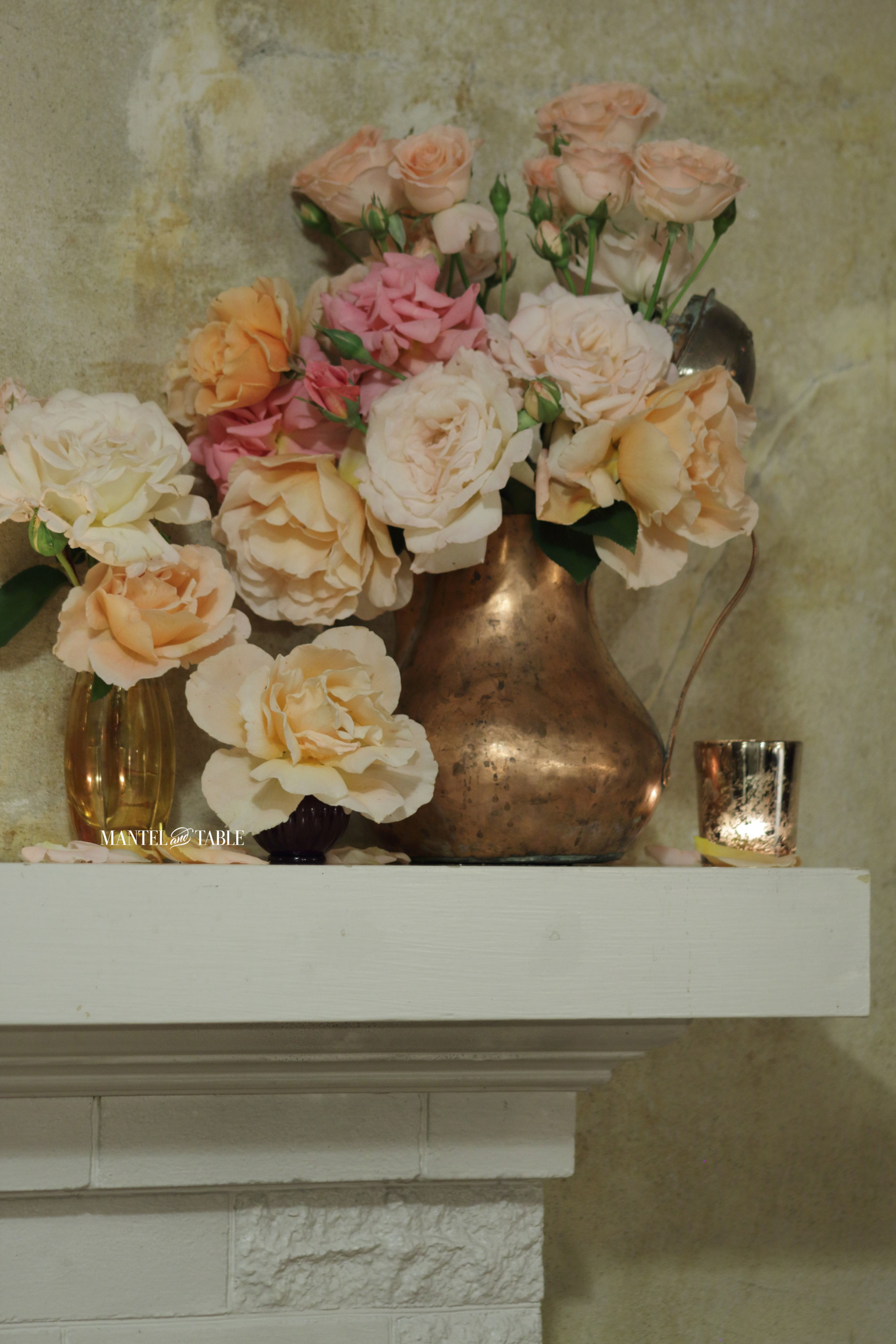 Garden Roses & candles on the mantel