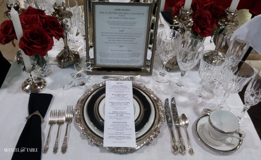 White silver & black tablescape with menu