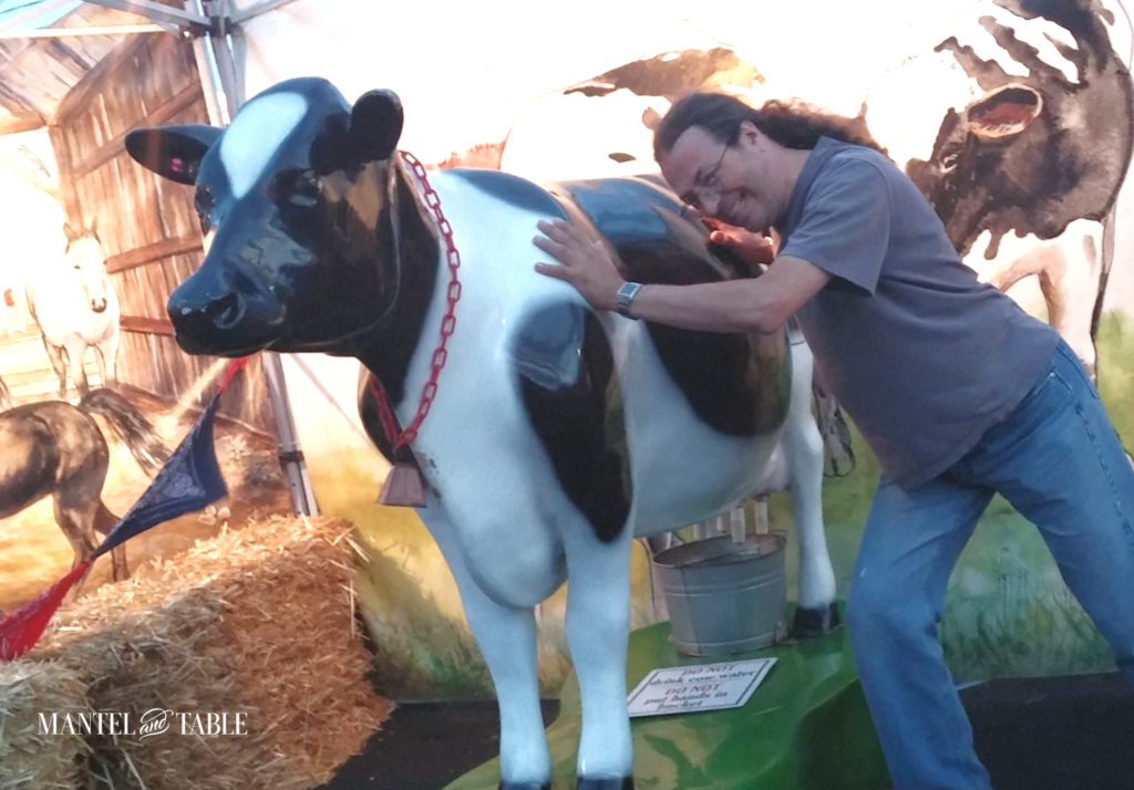 man trying to tip over a cow statue