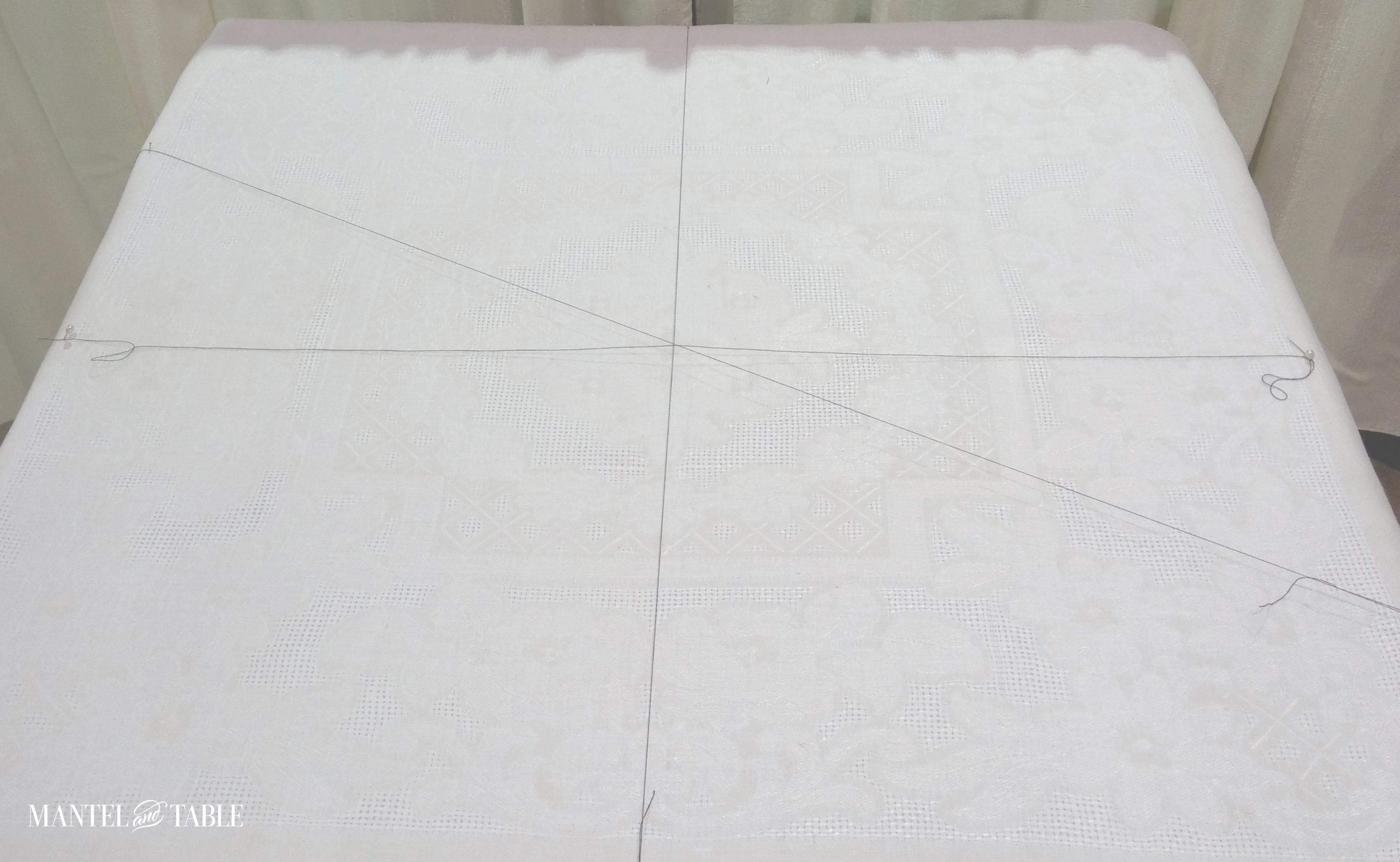 Tablescape setup with black thread on white cloth