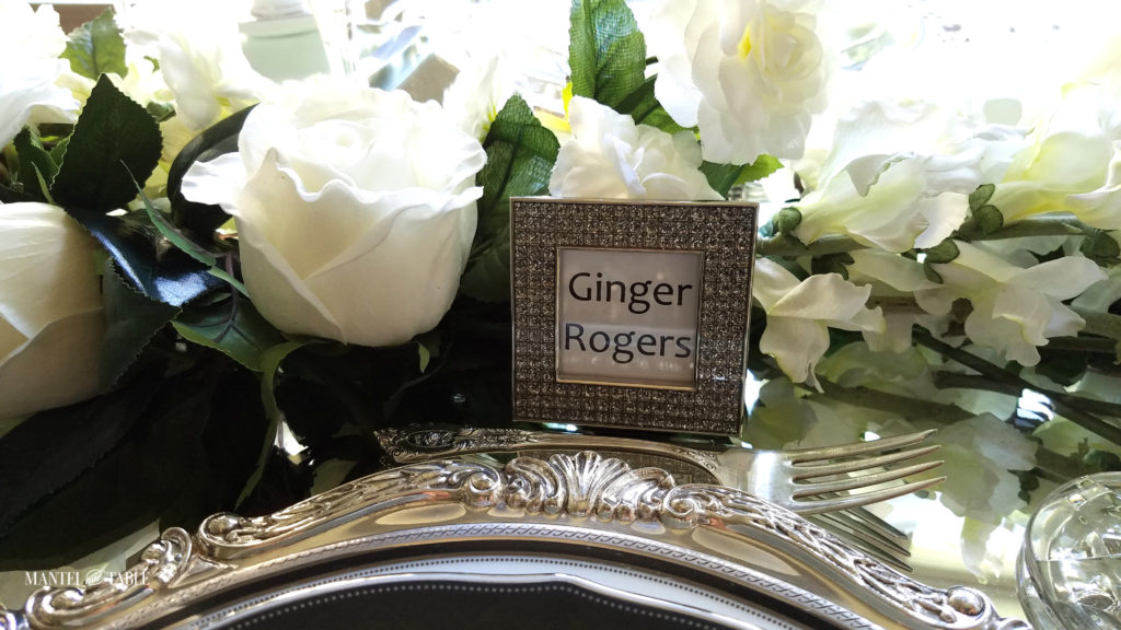 Placesetting with Ginger Rogers sparkle-framed place card
