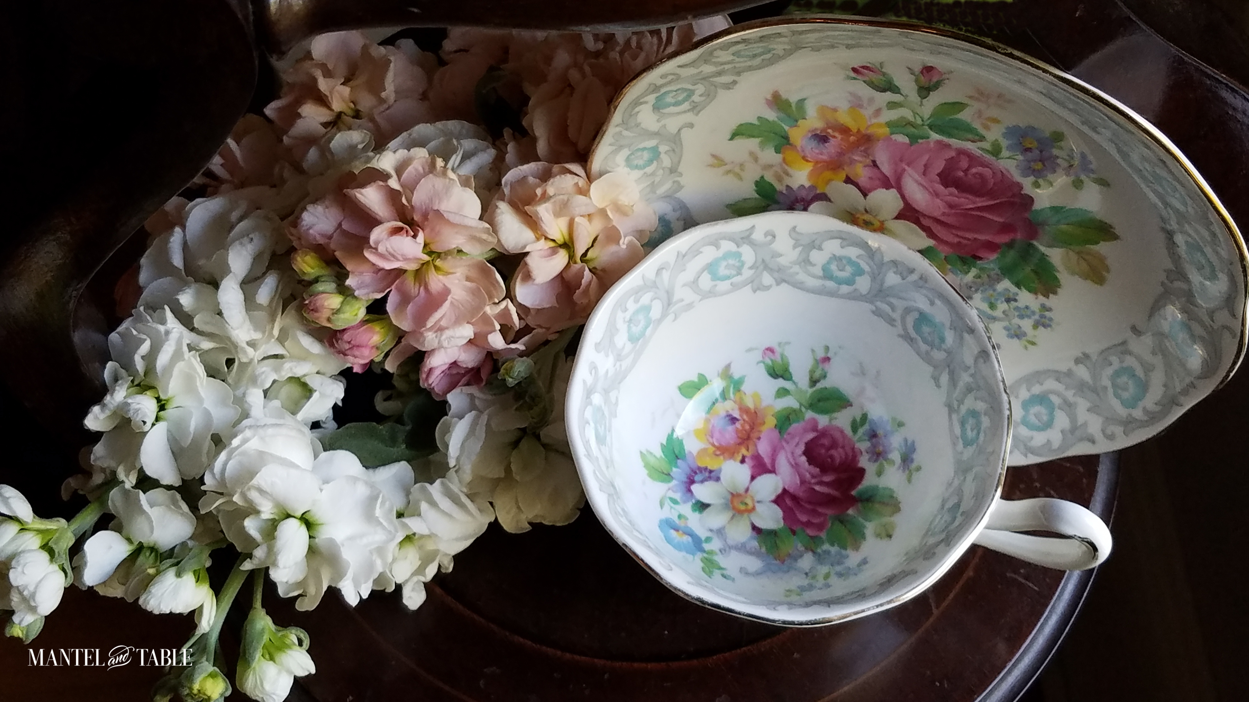Top view of my grandmother's teacup with flowers on the bottom of the inside