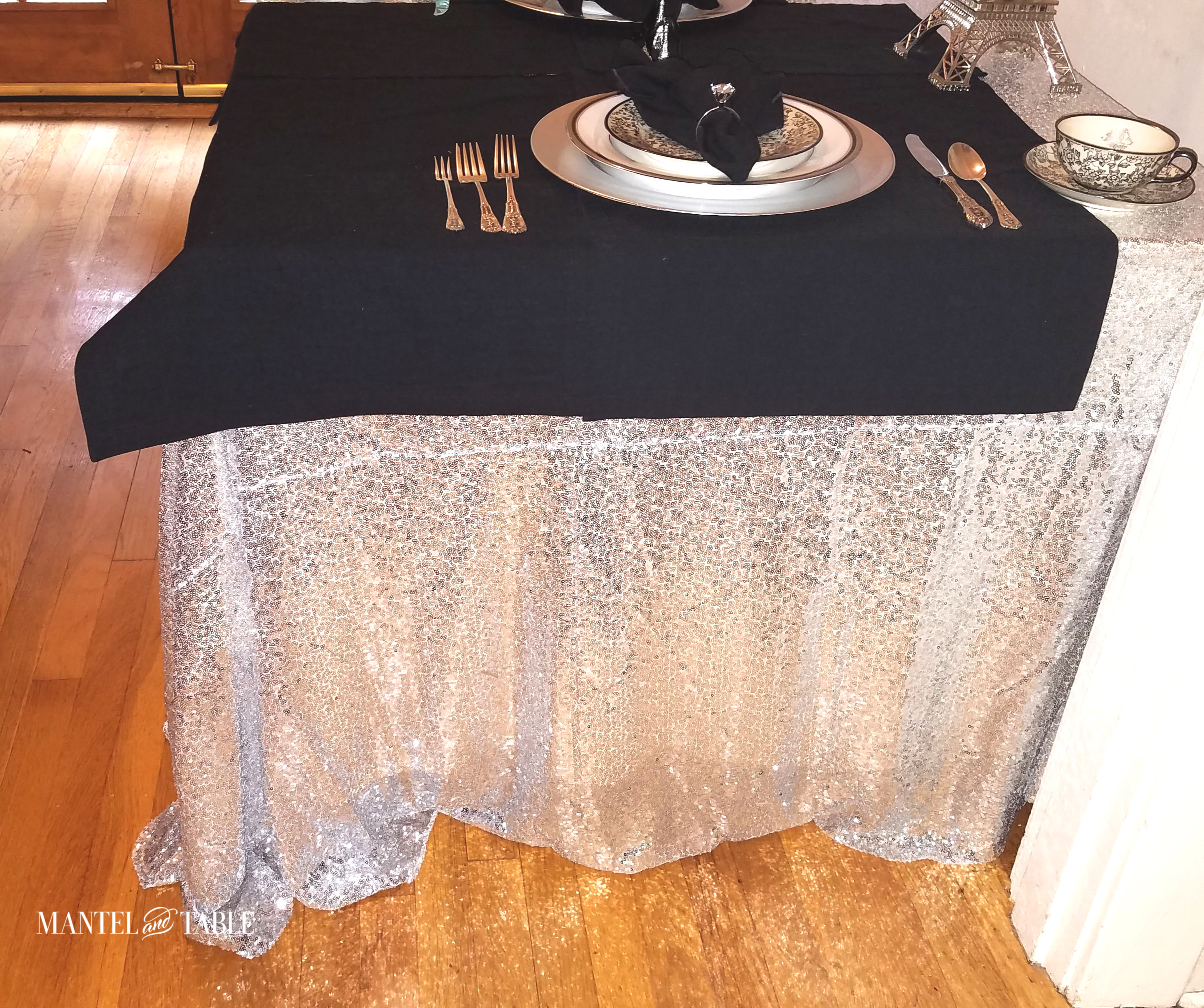 Engagement Dinner Table Setting with sparkle table skirt