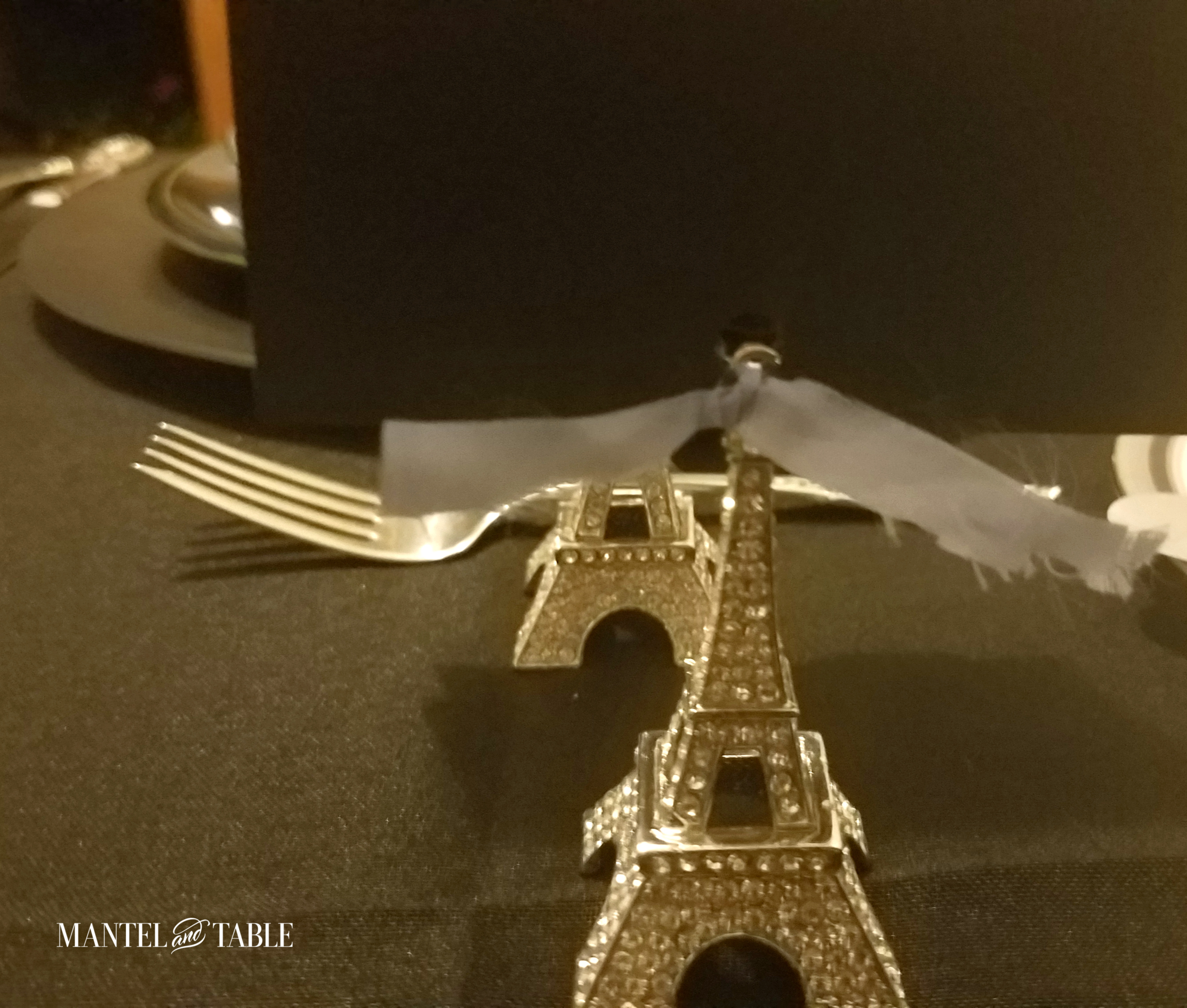 Engagement Dinner Table Setting Eiffel Tower place card holders with black cards