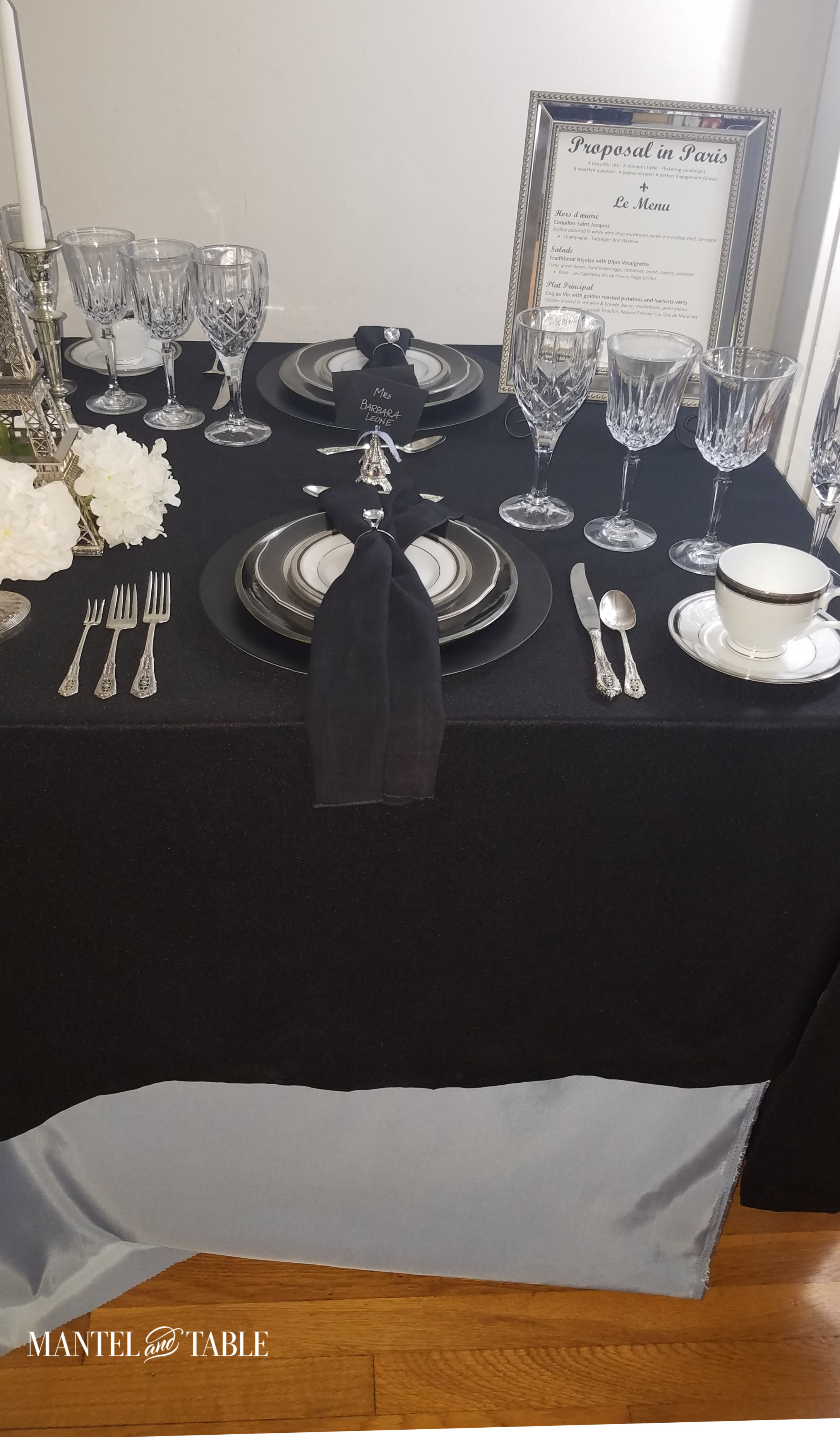 Engagement Dinner Table Setting - full table with blue skirt