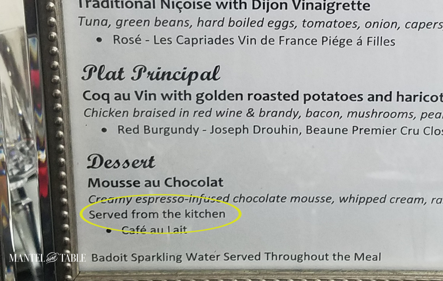 Engagement Dinner Table Setting menu with "Served from the Table" circled