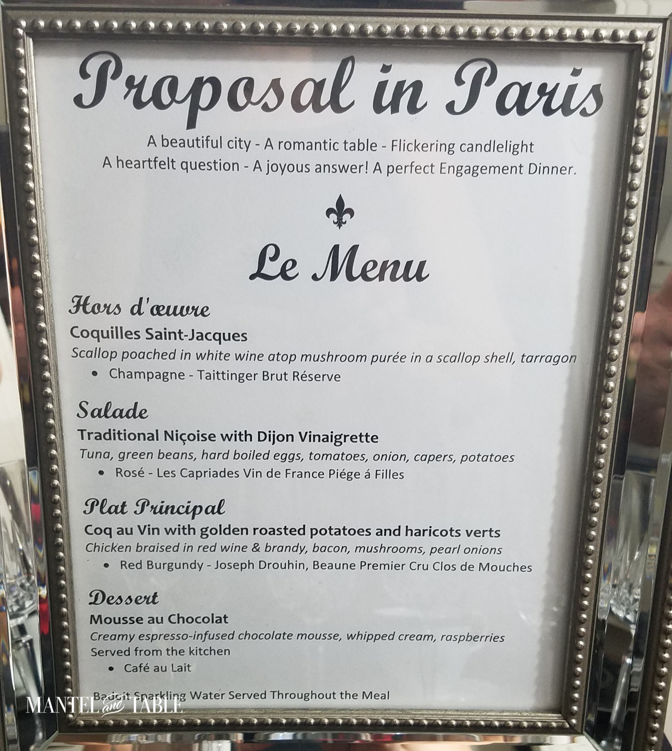 Engagement Dinner Table Setting framed menu with headings and lots of dish names in French