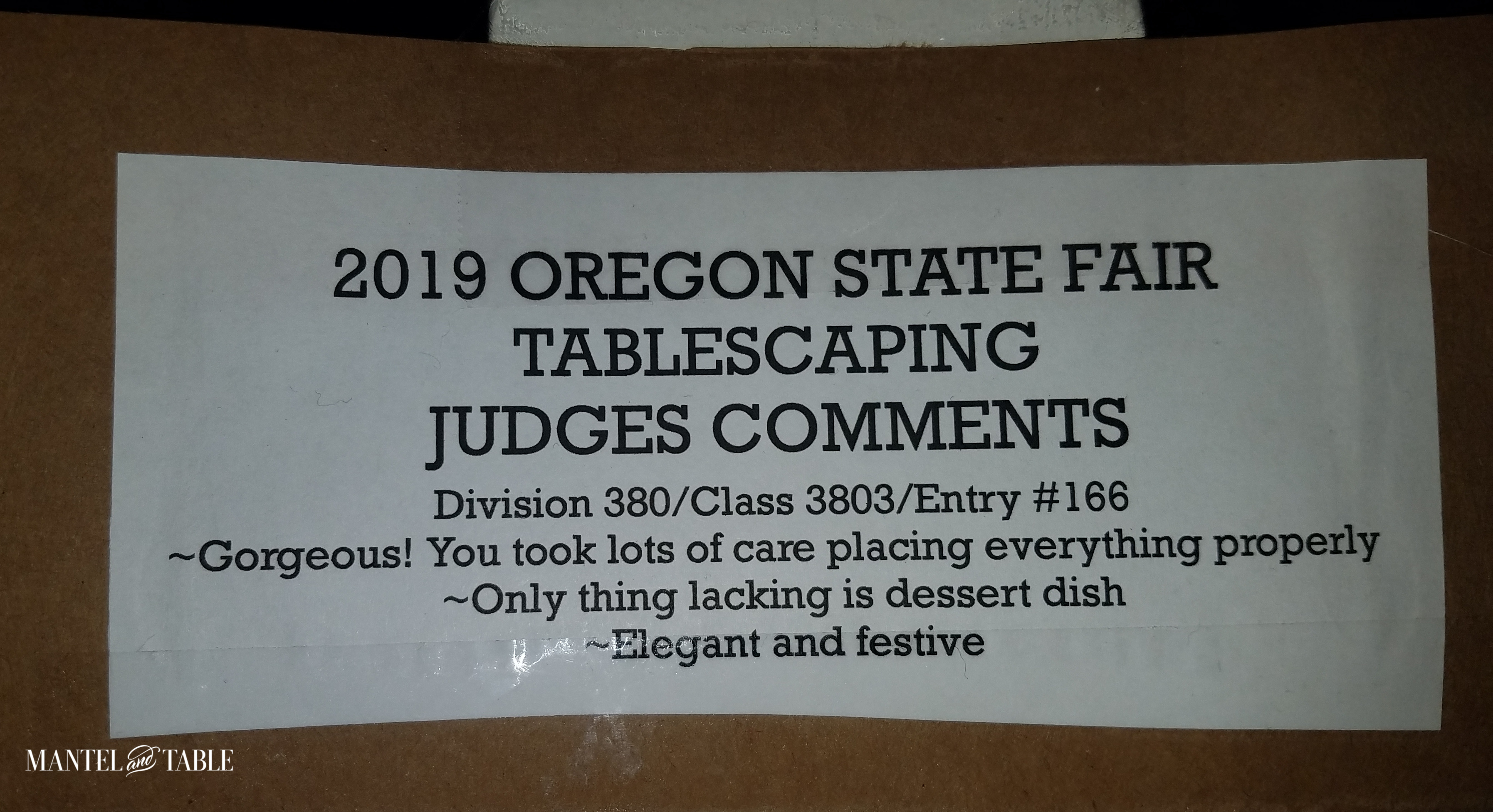 Engagement Dinner Table Setting Judges' comment card