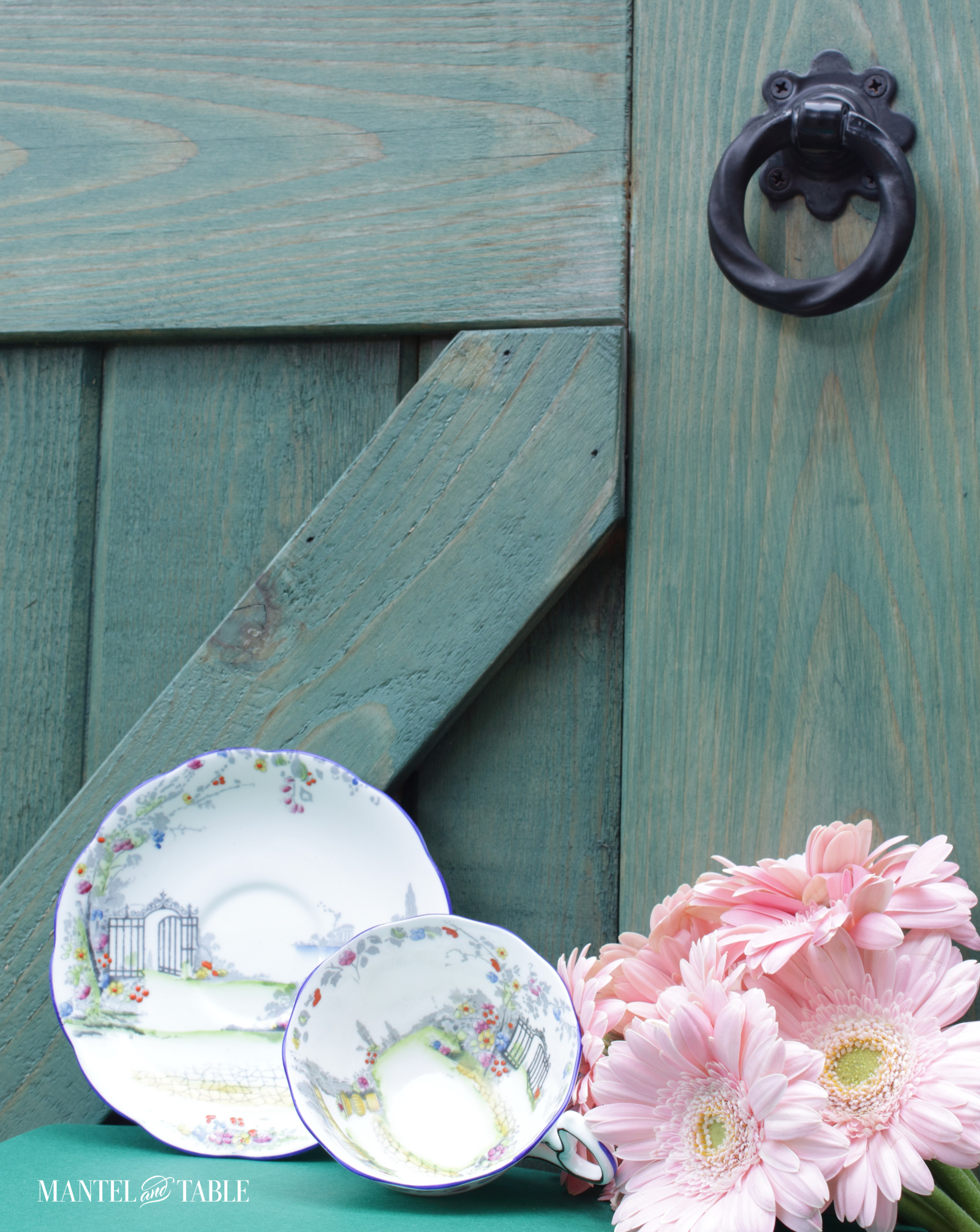 Rosedale teacup against the fence