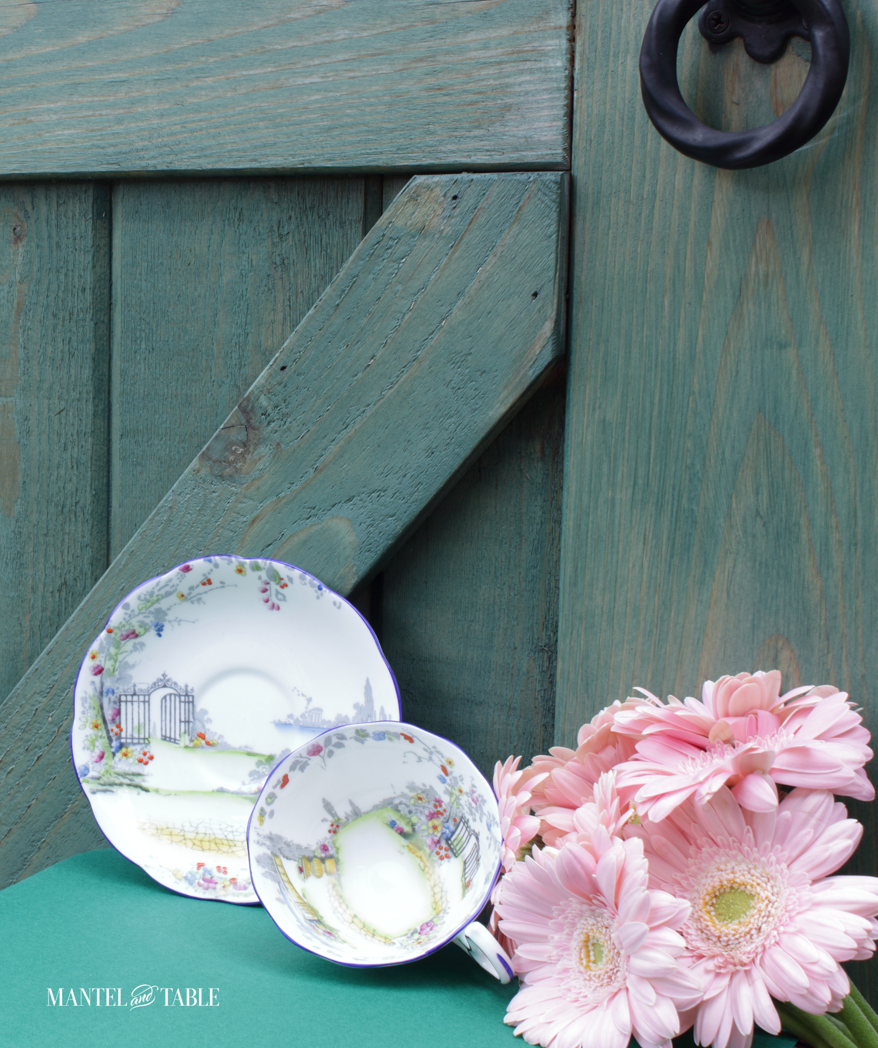 Rosedale teacup and saucer with gate and black iron handle