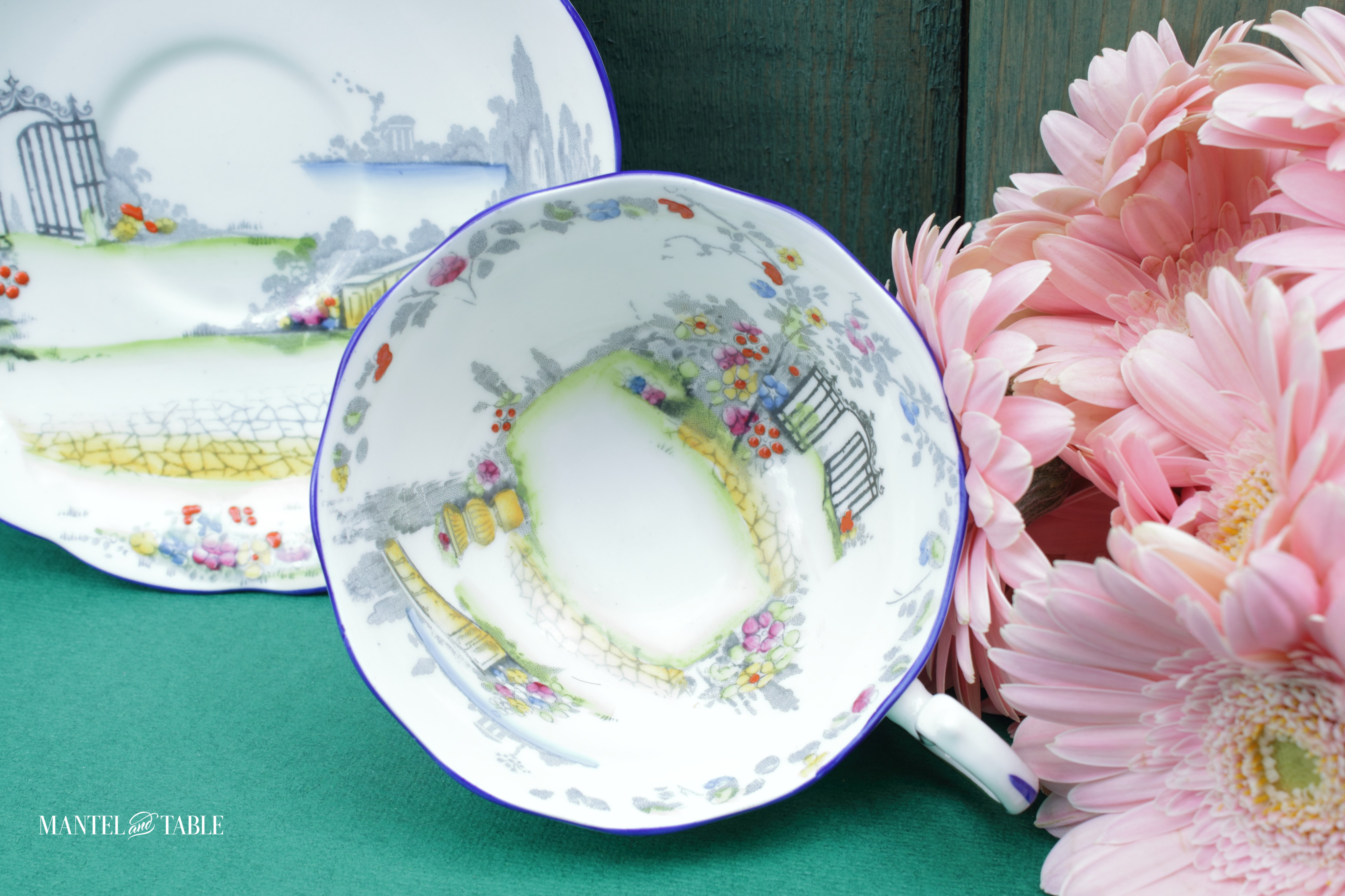 Closeup of garden & gate design inside teacup & on saucer