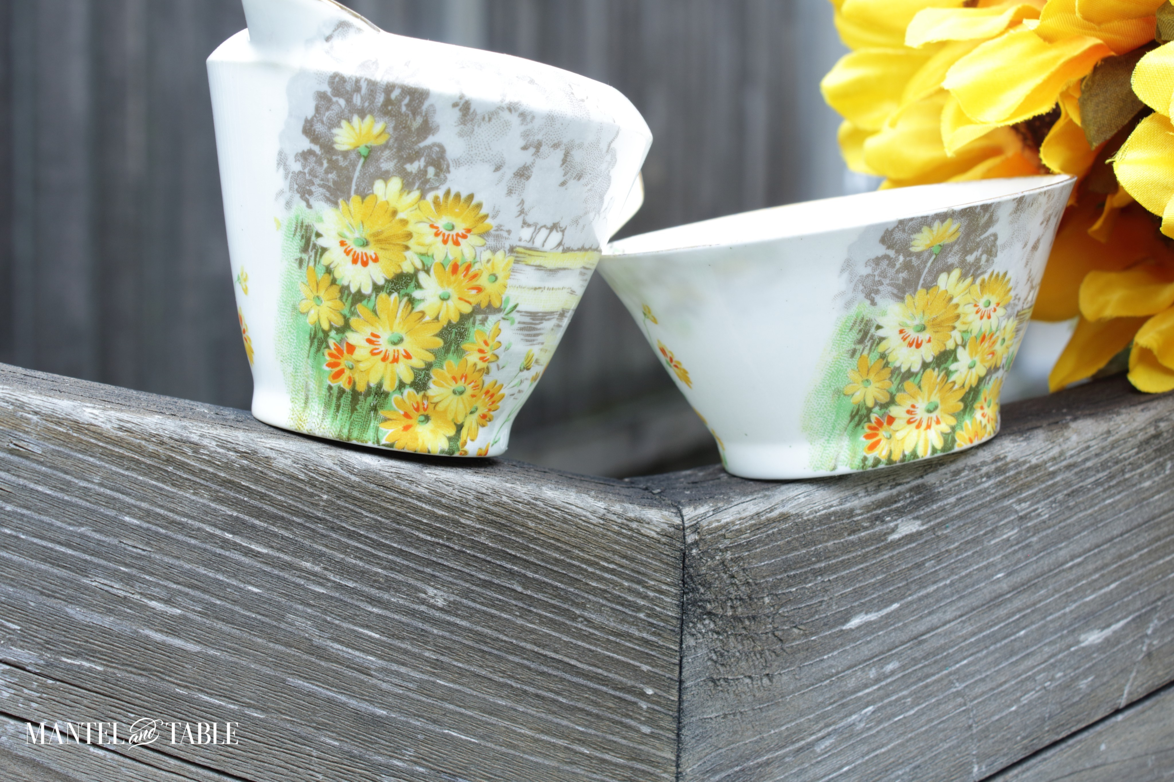 closeup of royal winton yellow morn sugar and creamer