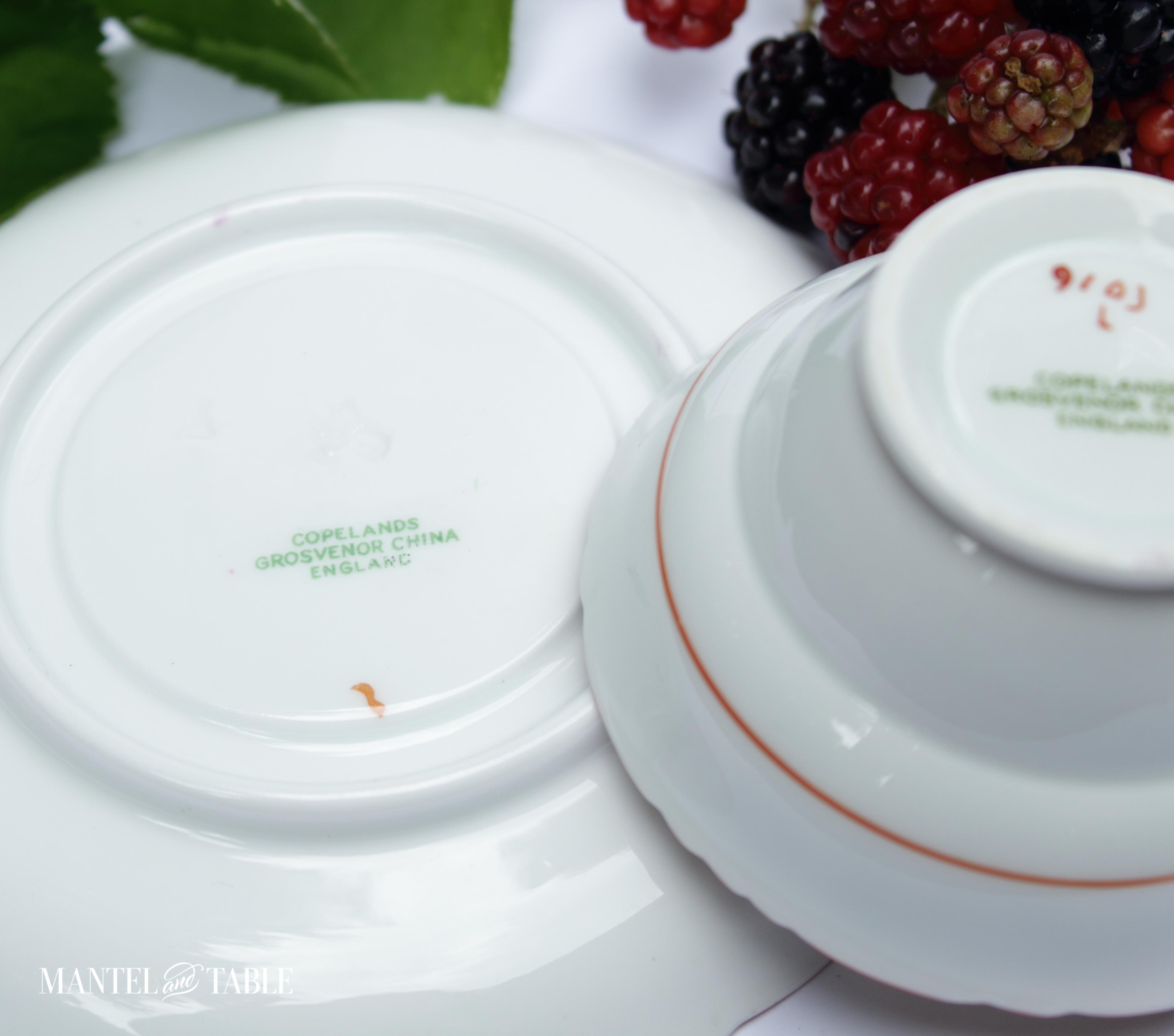 Undersides of both floral teacup and saucer
