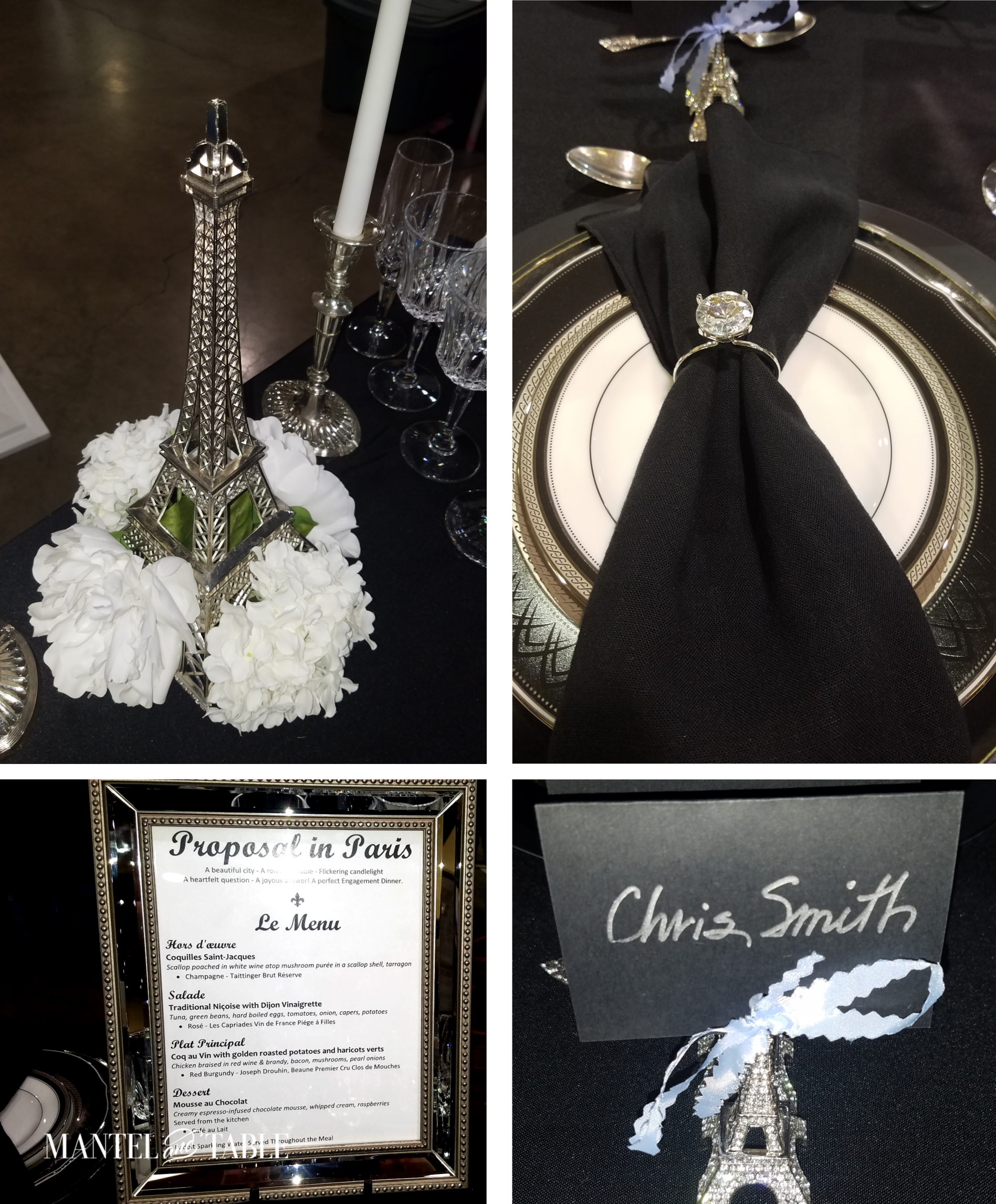 Engagement Dinner Table Setting montage of centerpiece, plate stack, menu frame & place card