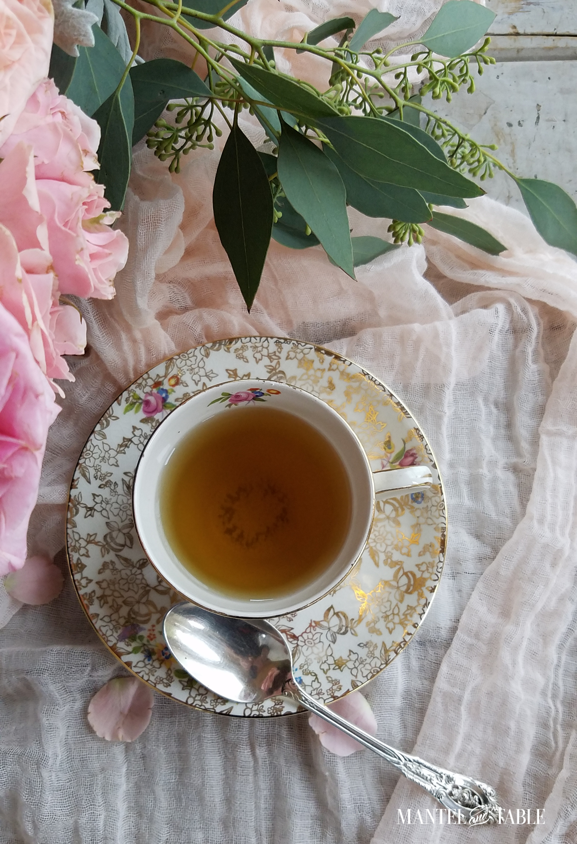 Top view of teacup with tea in it