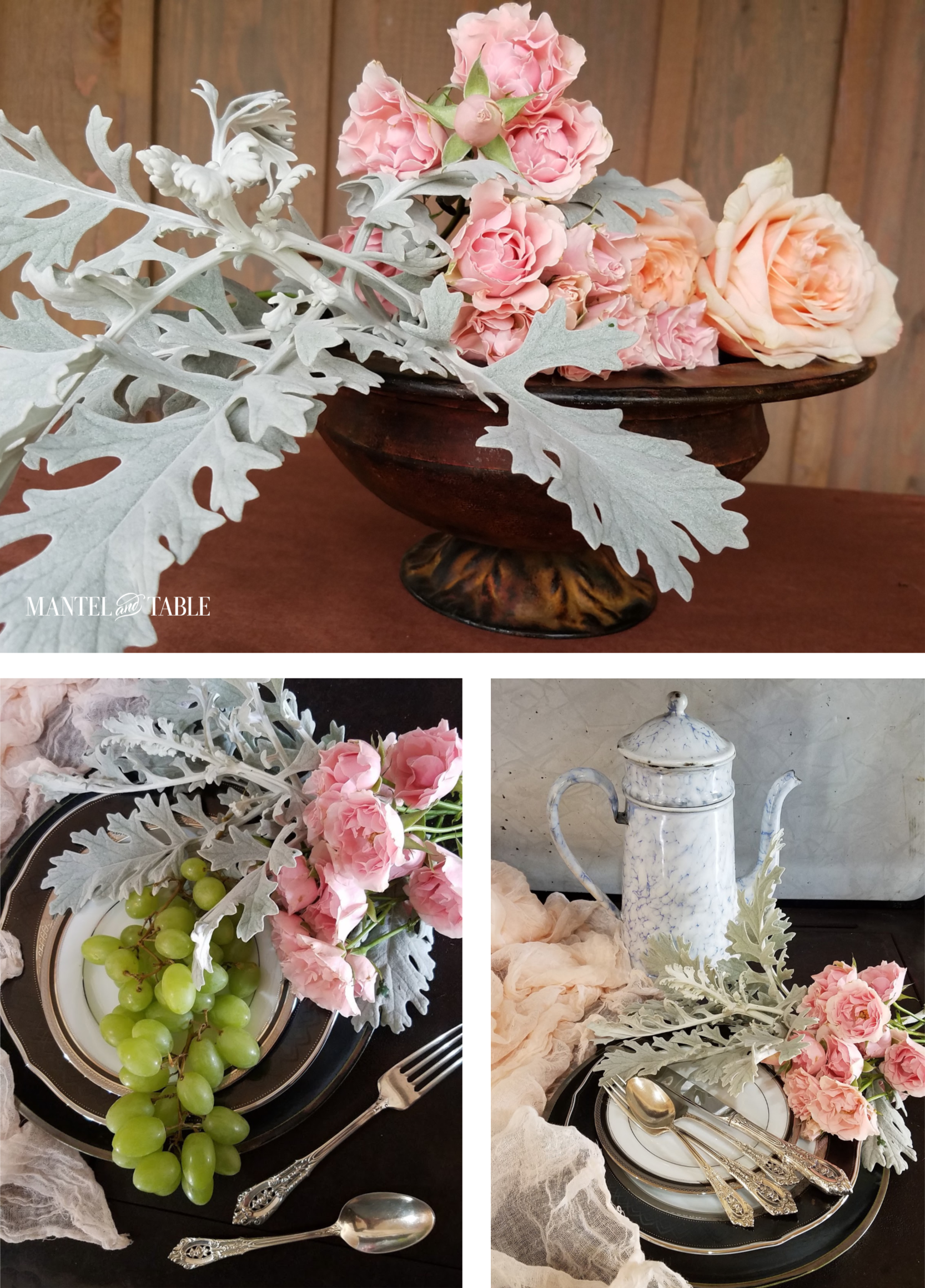 3 different arrangements of dusty miller and roses