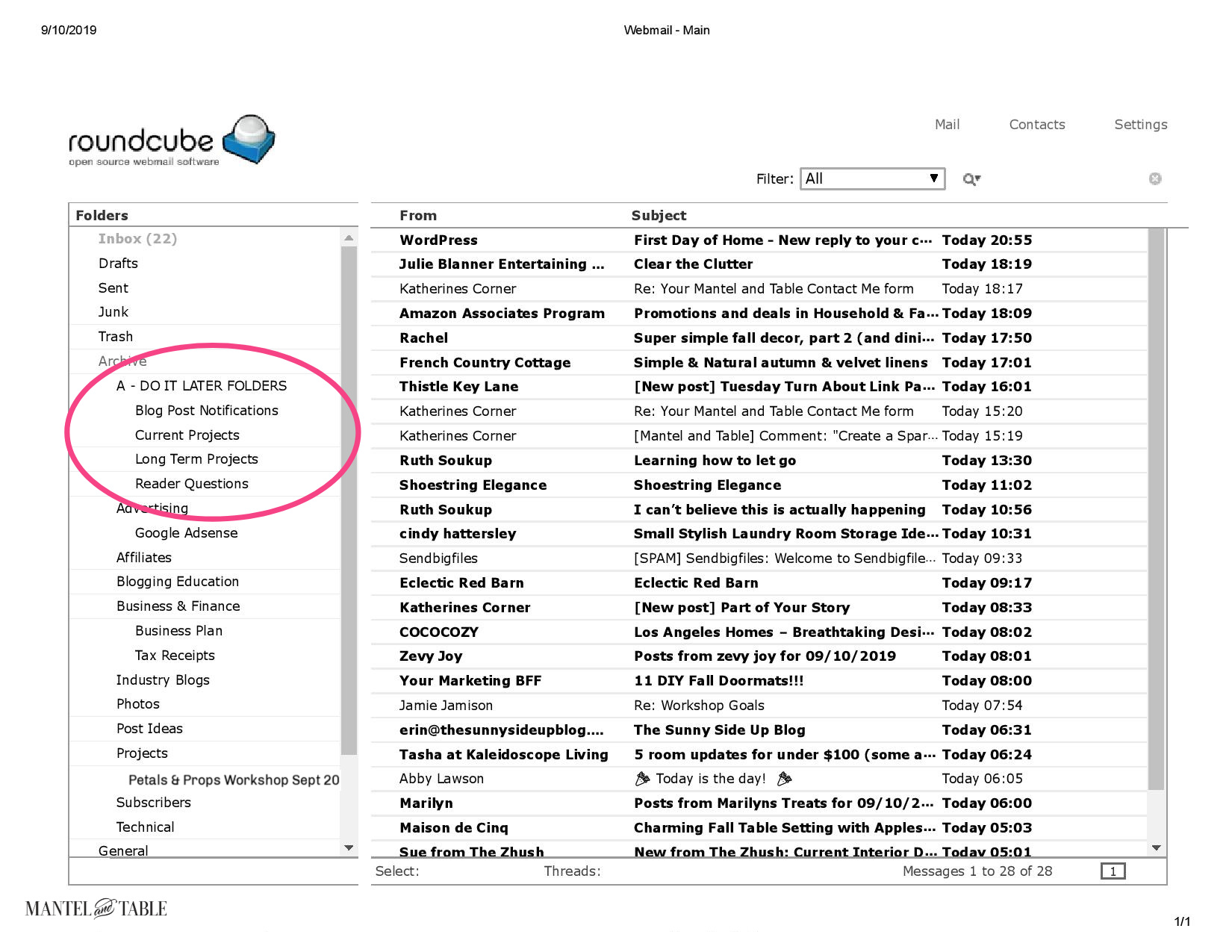 Inbox showing Do It Later archive folders