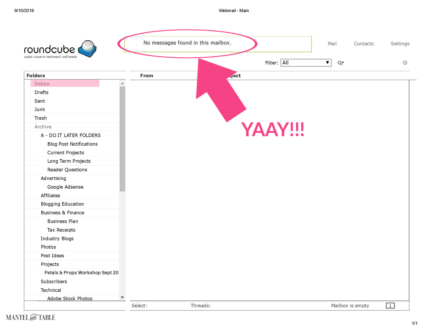 Empty email inbox with No Emails circled