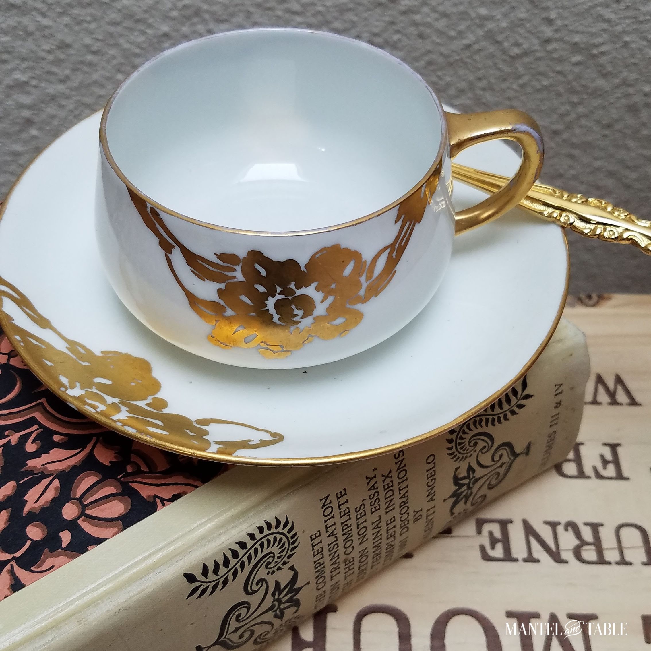 White teacup with hand painted gold flower design - Mantel and Table